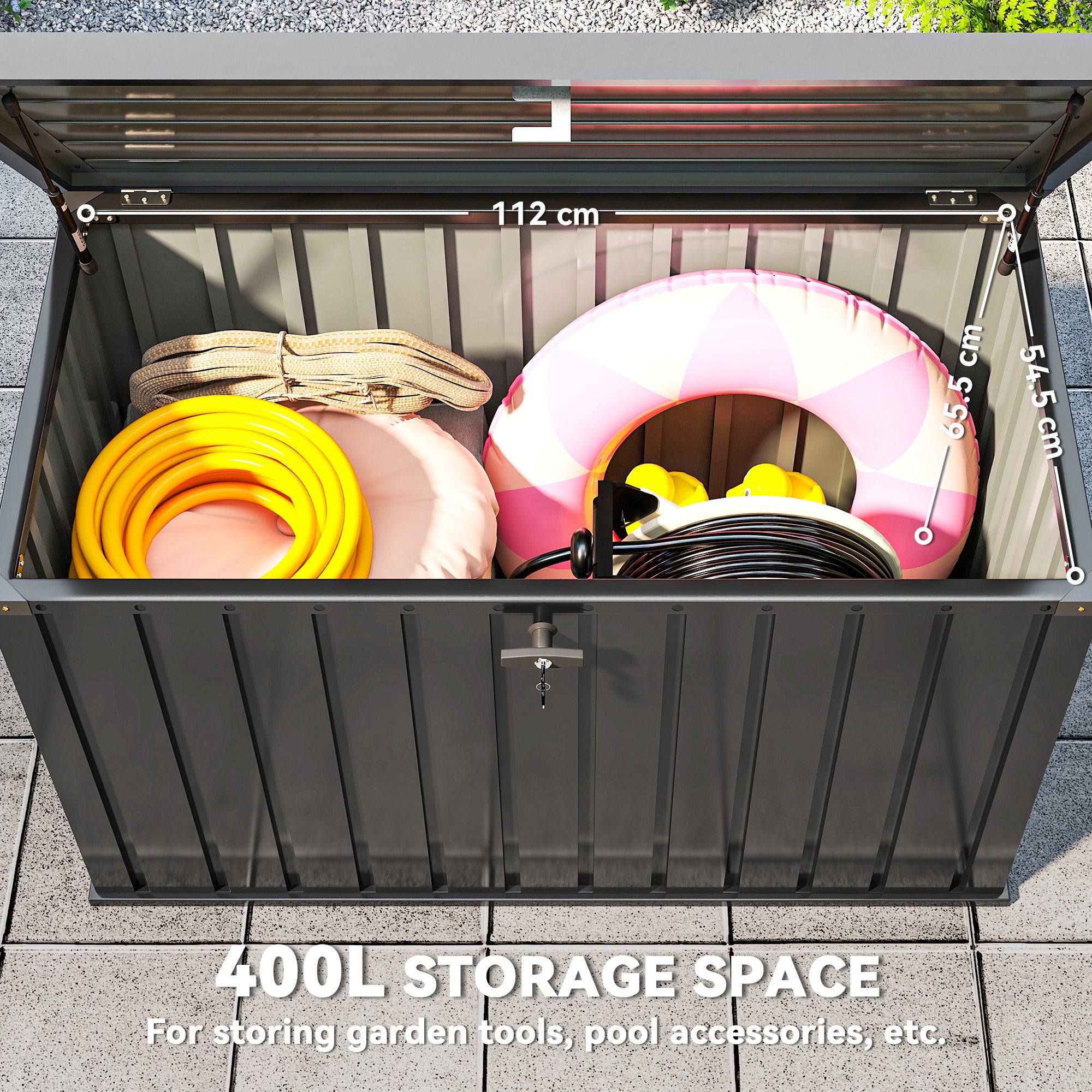 400L Galvanised Steel Garden Storage Box, Black