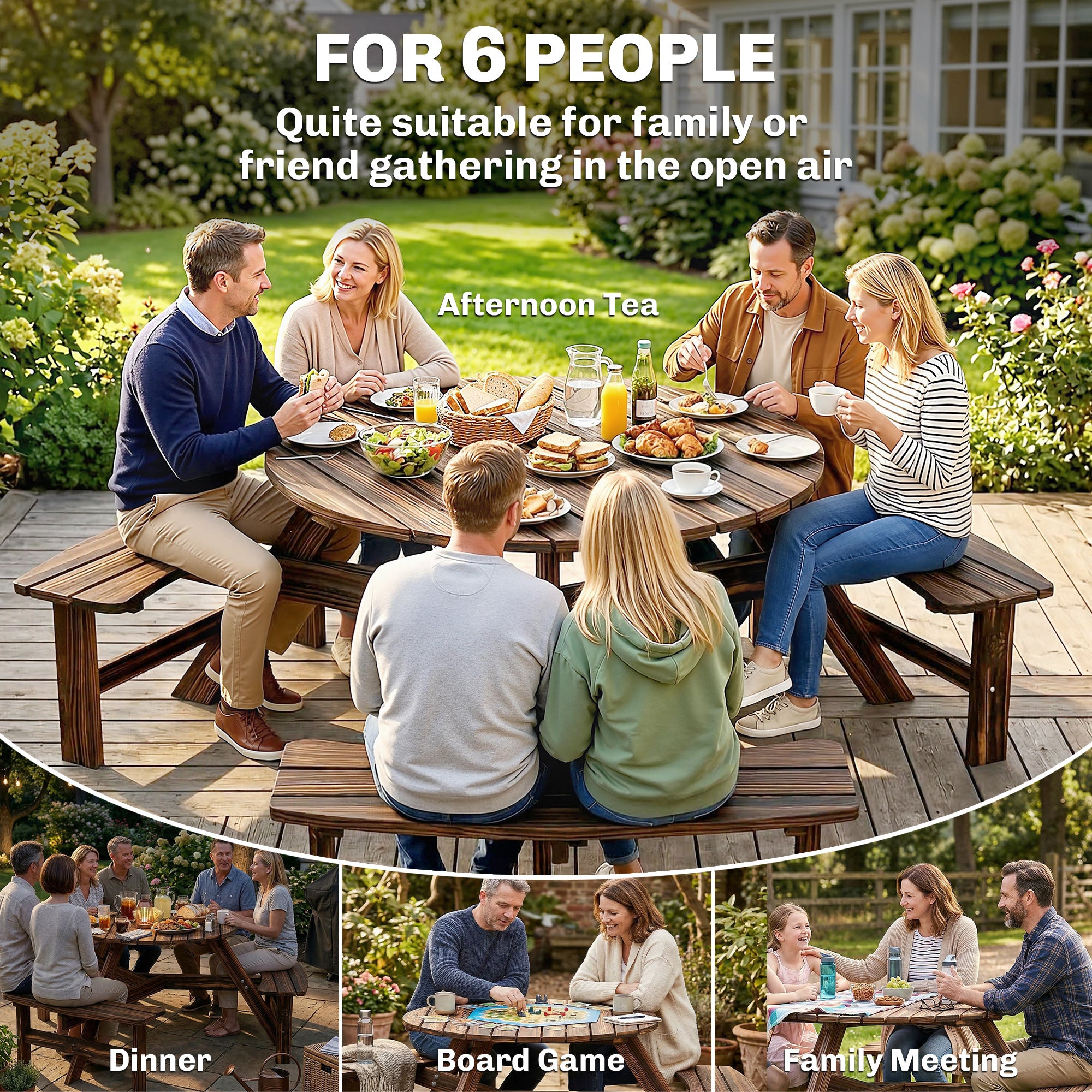 Wooden Garden Dining Set, 6 Seater Round Dining Picnic Table with Matching Bench, Garden Furniture Set with Parasol Hole for Outdoor Patio Party and Family Gatherings, Carbonized