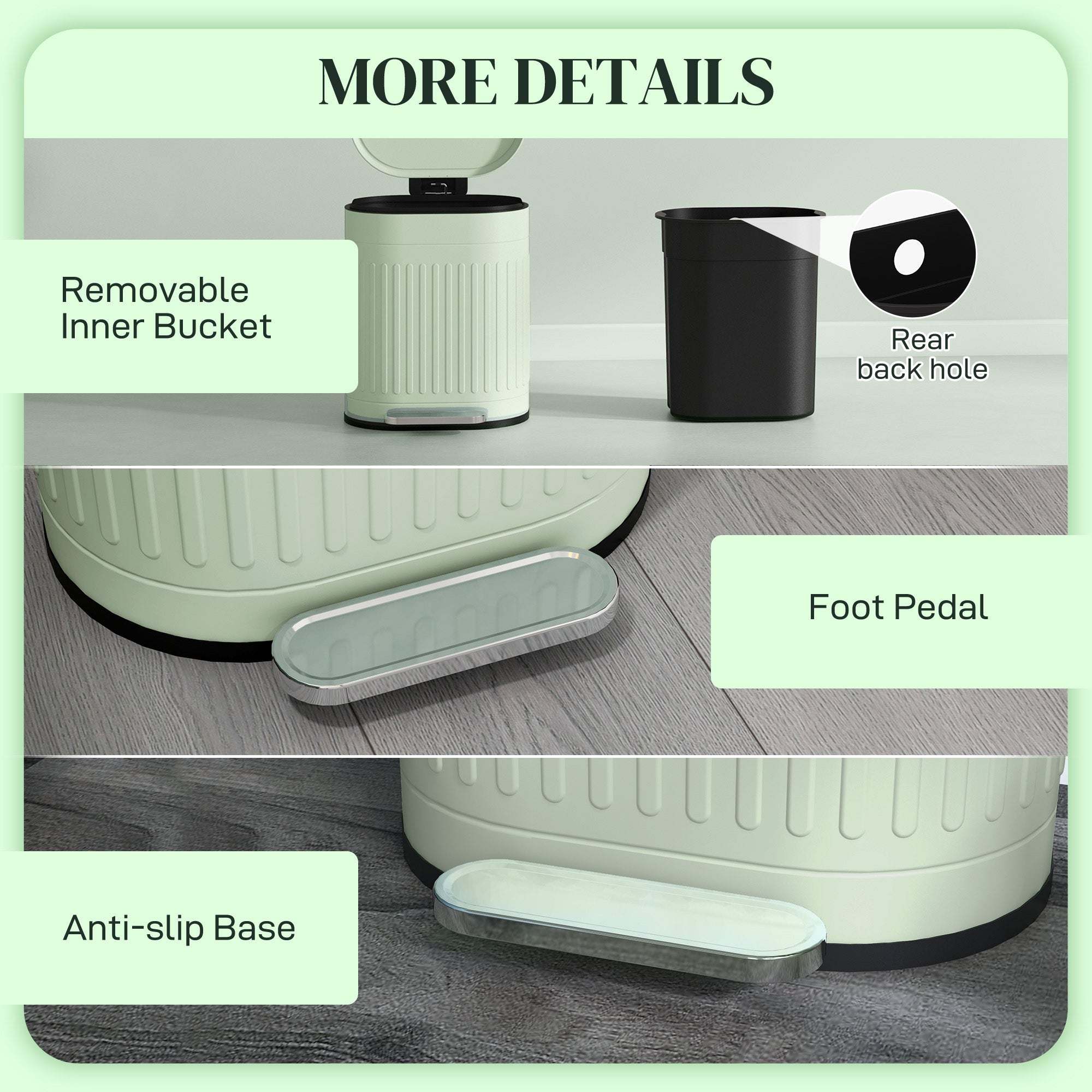 20 Litre Pedal Bin, Fingerprint Proof Kitchen Bin with Soft-close Lid, Metal Rubbish Bin with Foot Pedal and Removable Inner Bucket, Light Green