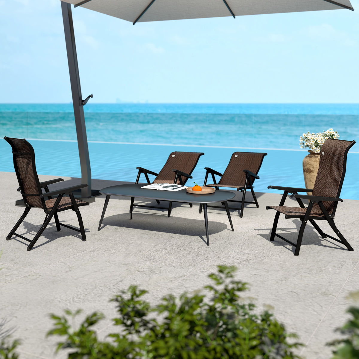 Set of 4 Folding Garden Chairs with 7-Position Adjustable Backs - Dark Brown