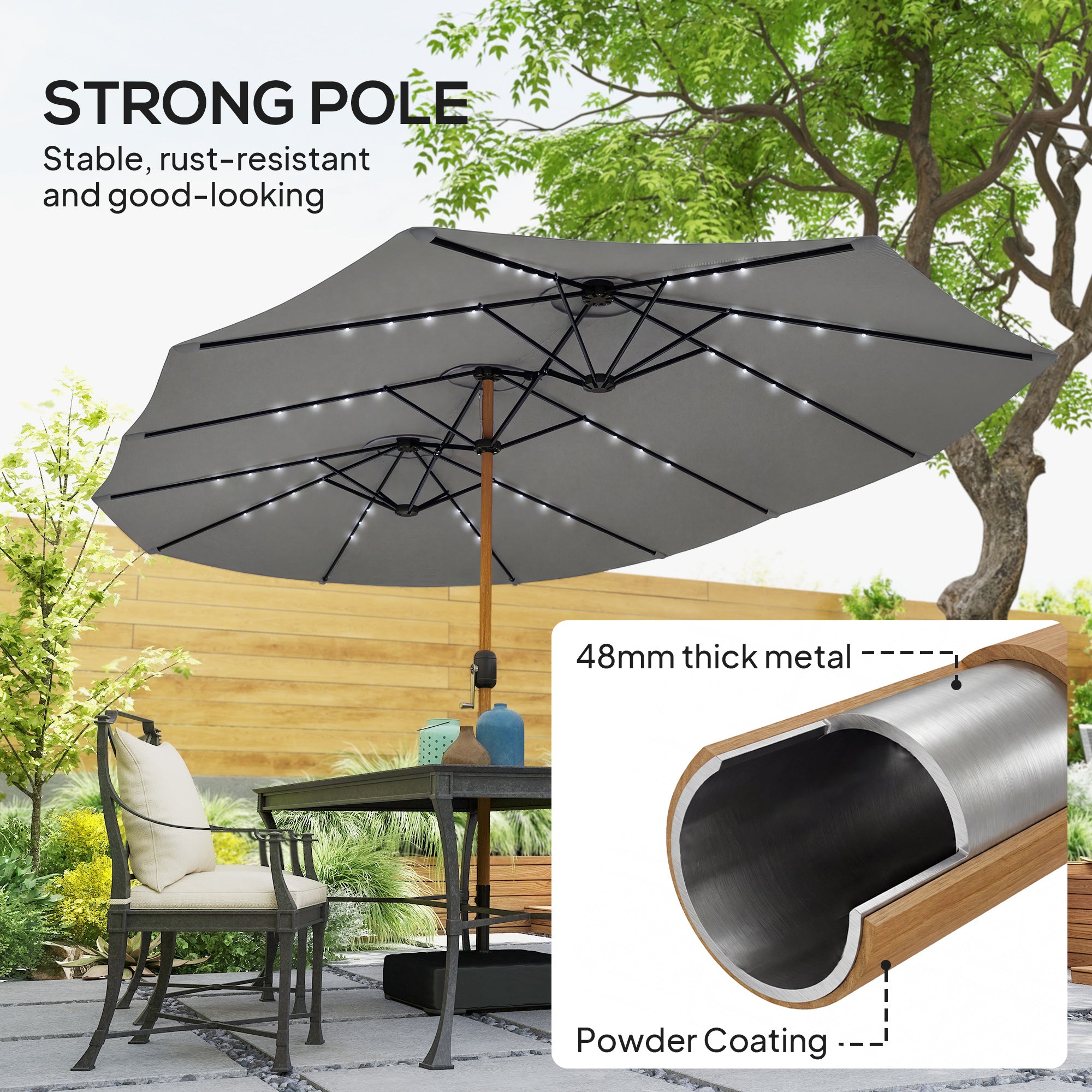 Double Sided Garden Parasol with Base Included & 48 Solar LED Lights P