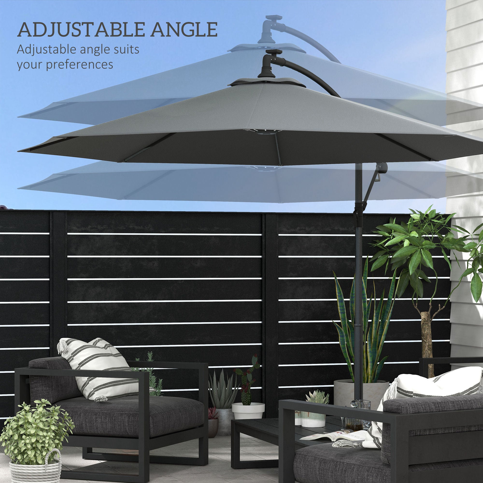 3(m) Cantilever Parasol with Solar LED Lights, Garden Umbrella with Cross Base and Crank Handle, Hanging Offset Banana Sun Shade for Outdoor, Patio, Grey