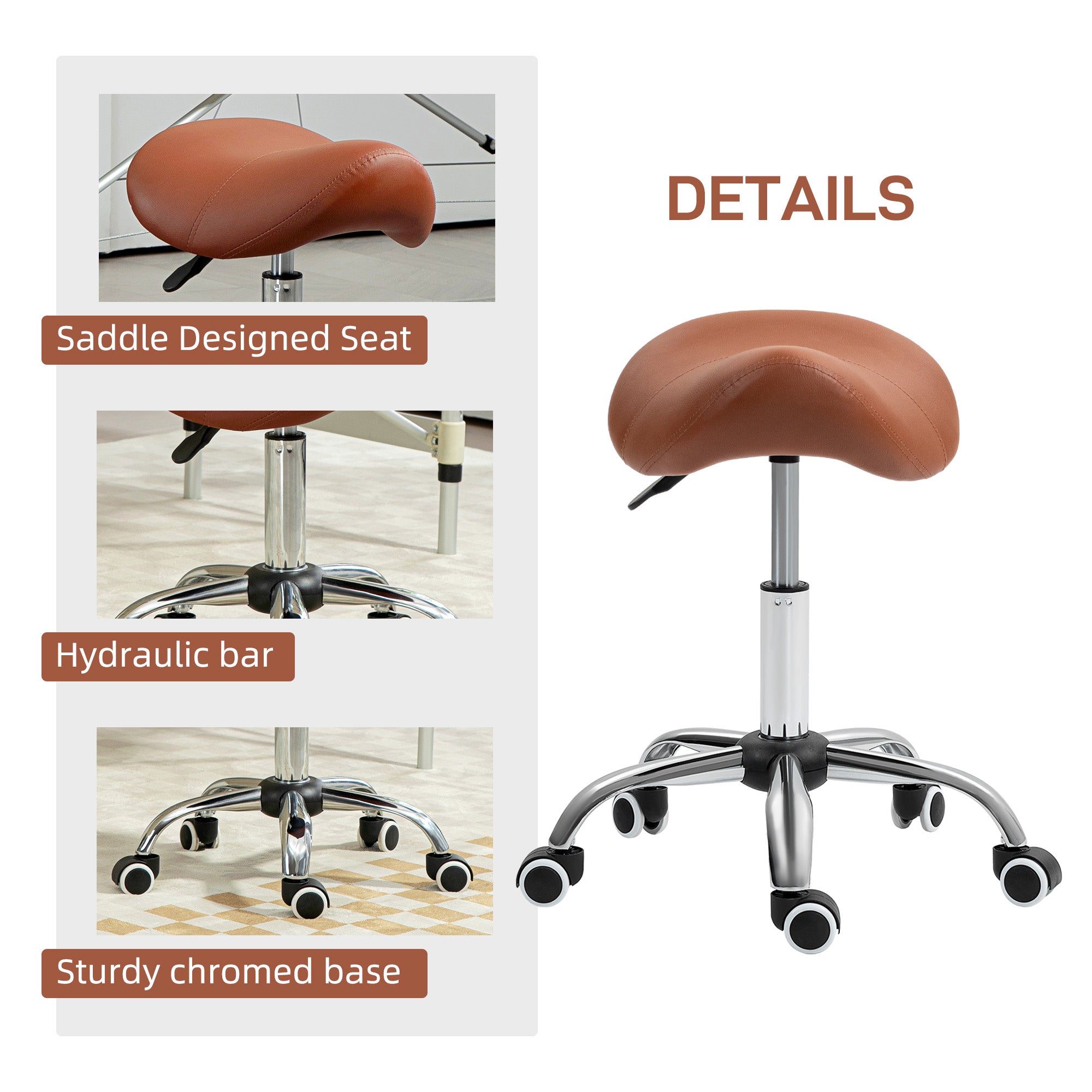 Saddle Stool, Height Adjustable Salon Chair for Massage Spa, Faux Leather, Brown