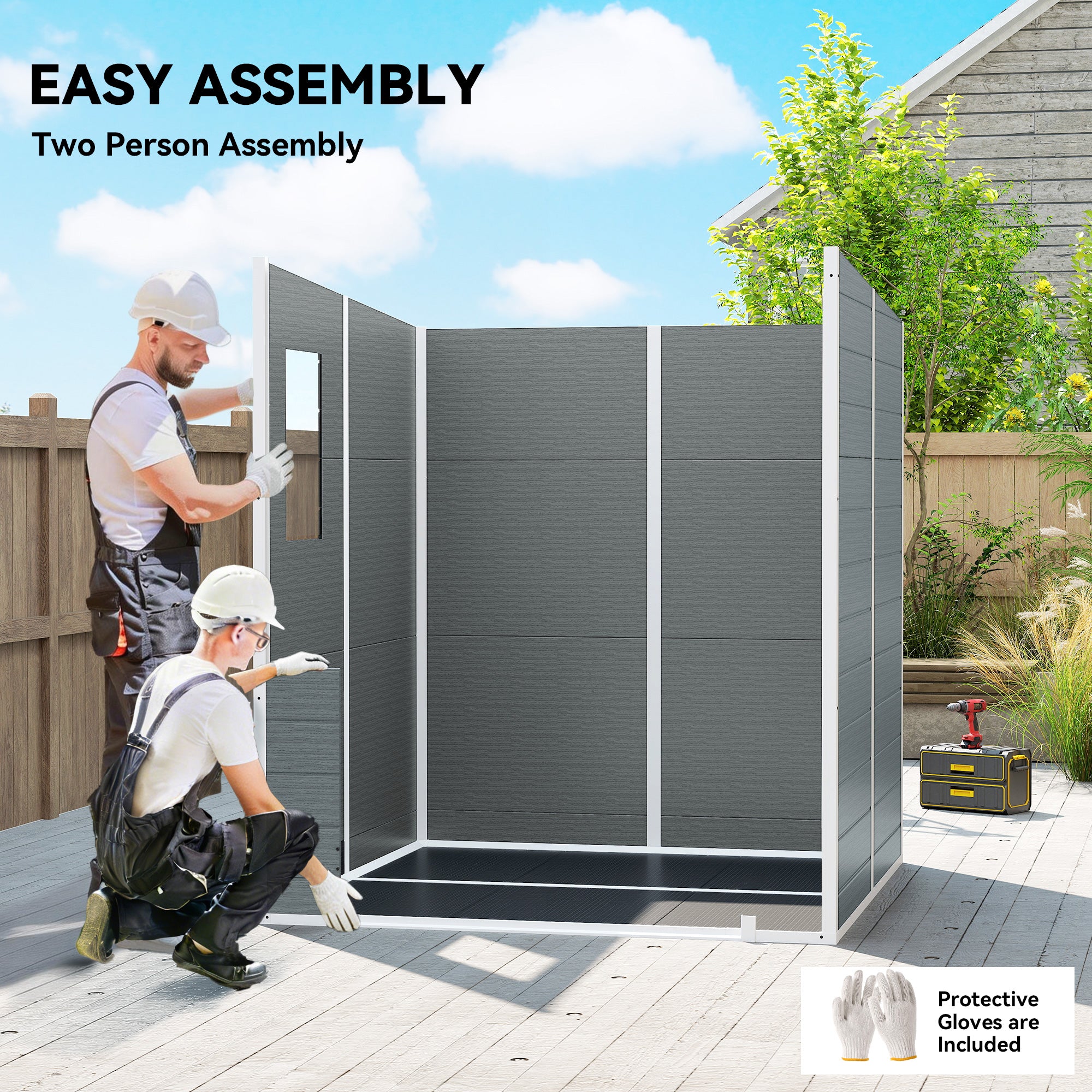 6 x 6 ft Plastic Garden Shed, Wood-Effect Outdoor Storage Shed with Floor, Windows, Lockable Doors and Vents, Grey