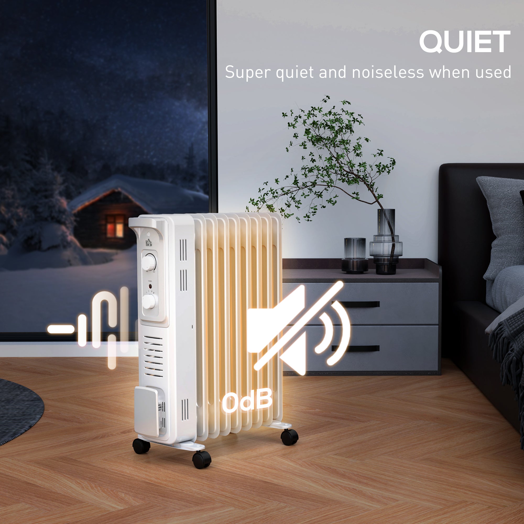 2000W Quiet Oil Filled Radiator, 9 Fin Energy Efficient Portable Electric Heater with 3 Heat Settings, Adjustable Thermostat, Safety Tip Over, Overheat Protection, for Home, White