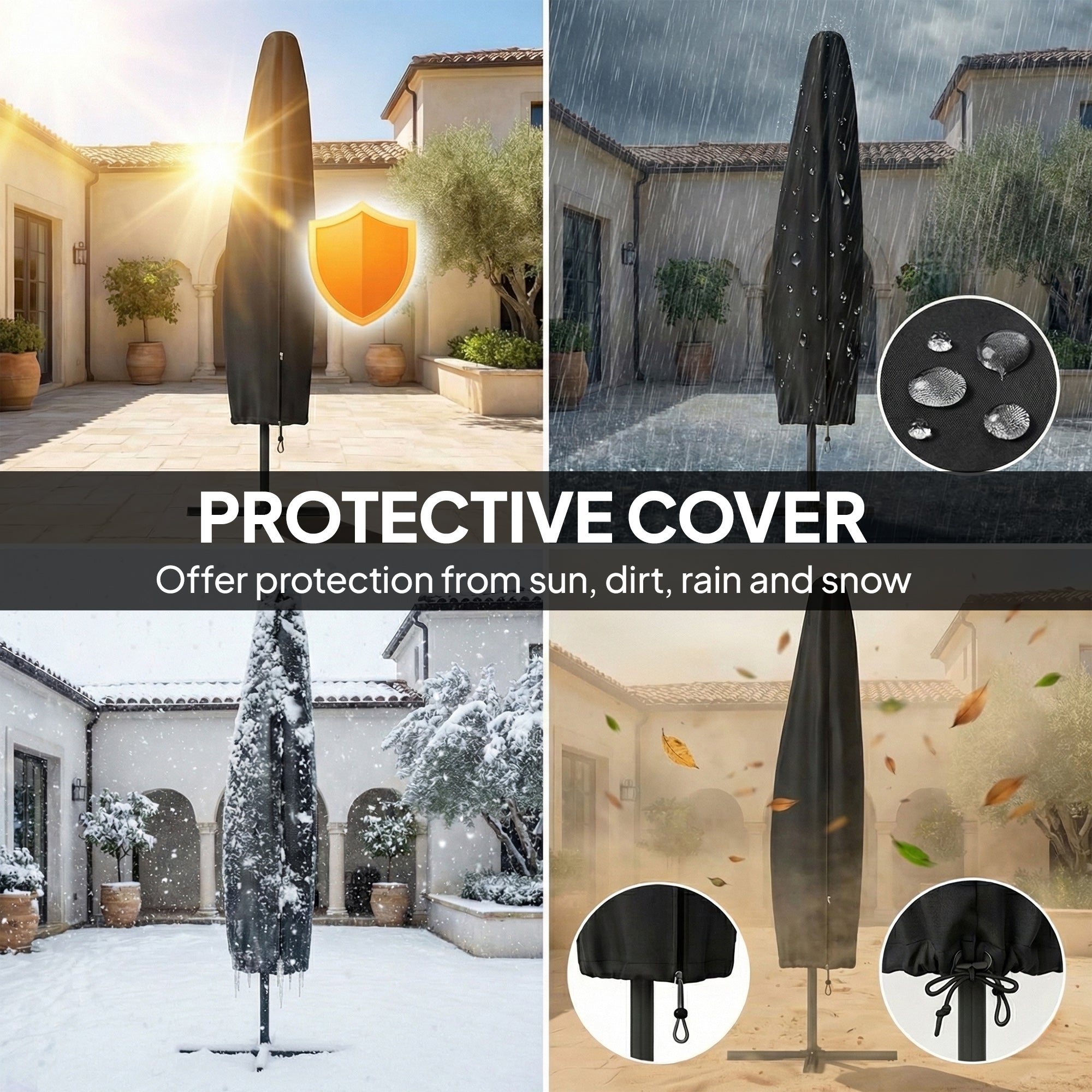 3 m Garden Cantilever Parasol with LED Solar Light, Round Overhanging Umbrella with 360° Rotation, Cover, Khaki