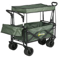 Folding Trolley Cart Storage Wagon with Overhead Canopy and 4 Wheels for Camping and Beach - Green