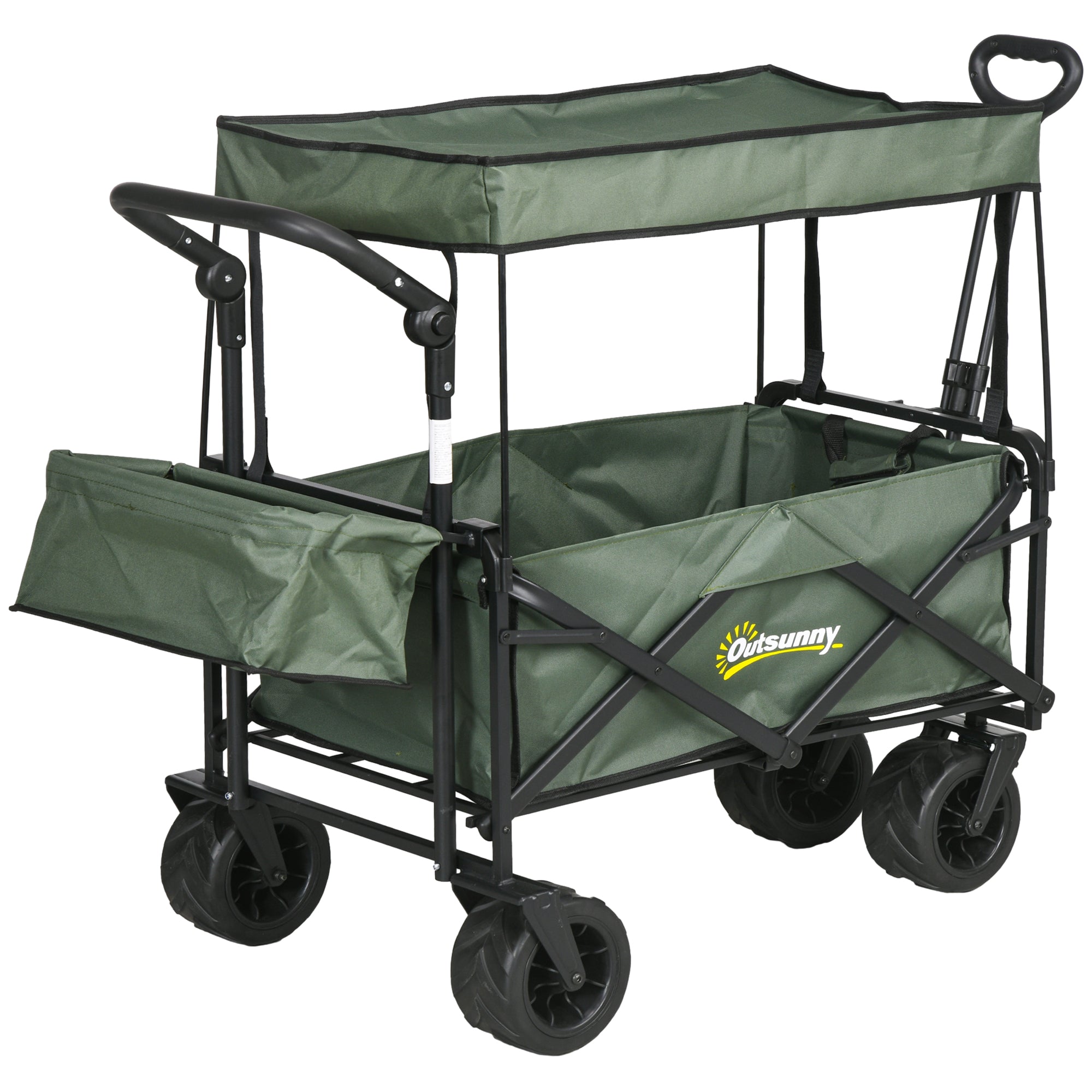 Folding Trolley Cart Storage Wagon Beach Trailer 4 Wheels with Handle Overhead Canopy Cart Push Pull for Camping, Green