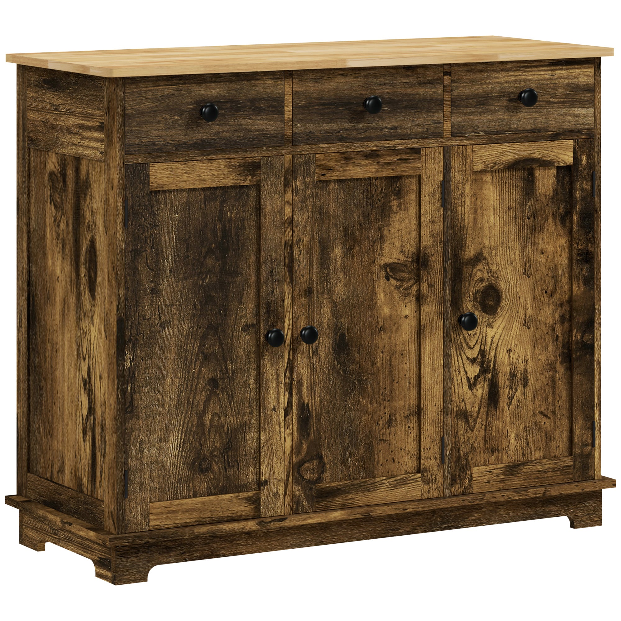 Sideboard with Rubberwood Top and Adjustable Shelves for Dining Room, Kitchen - Rustic Brown