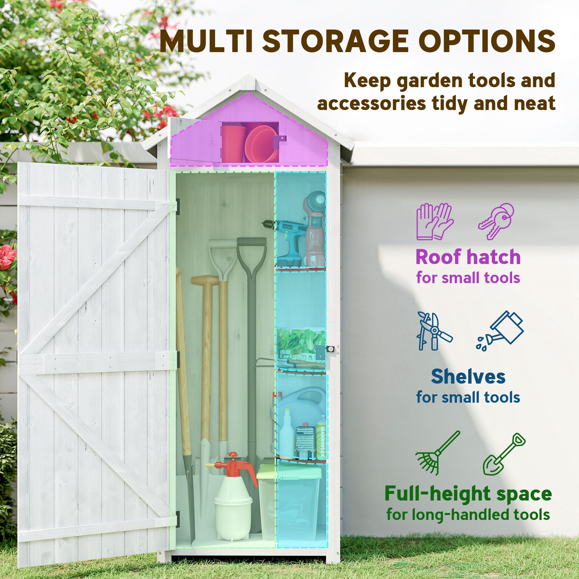 Small Shed, Tall Slim Wooden Garden Shed with 3 Removable Shelves and Roof Hatch, Compact Outdoor Tool Storage Cabinet with Asphalt Roof and Door Latch, 77 x 54.2 x 179 cm, Light Grey