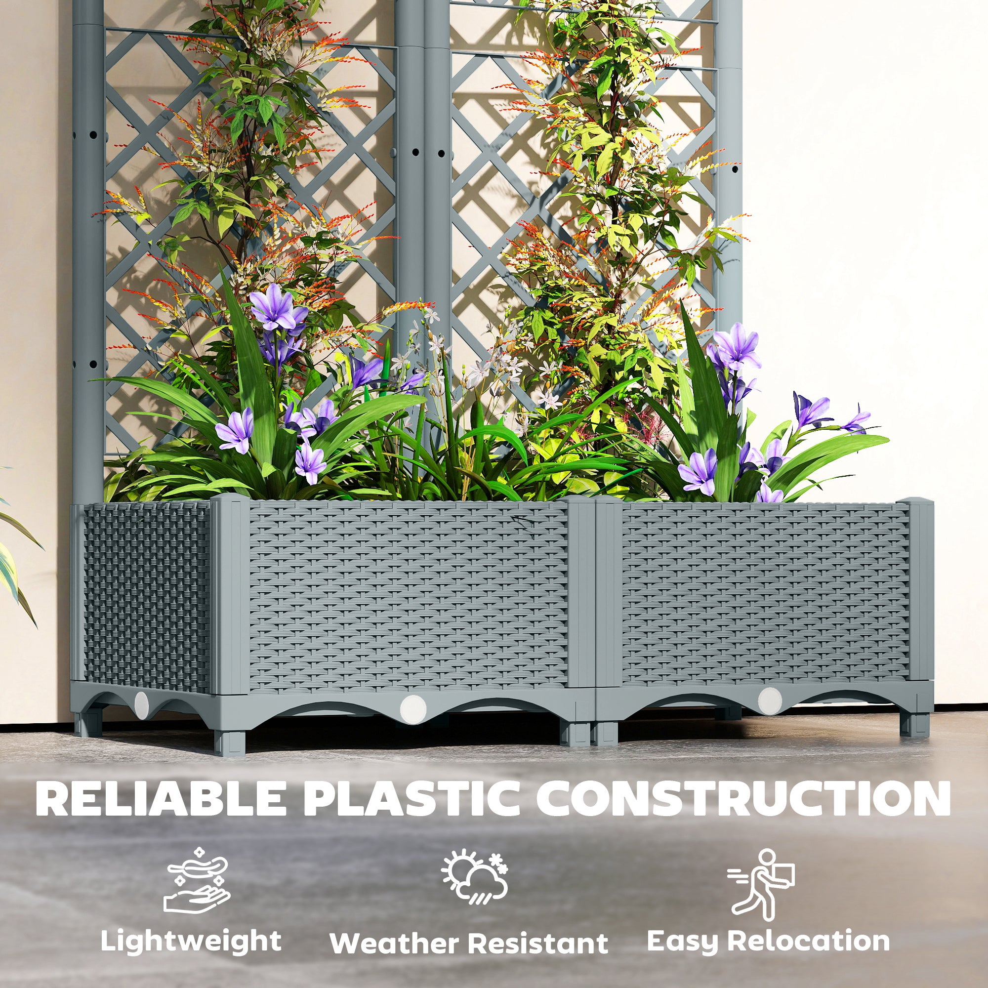 Raised Garden Bed with Trellis, Plastic Planter Box with Drainage Holes, Drain Plugs and Water Reservoirs for Climbing Plants, Vegetables, Flowers, Grey