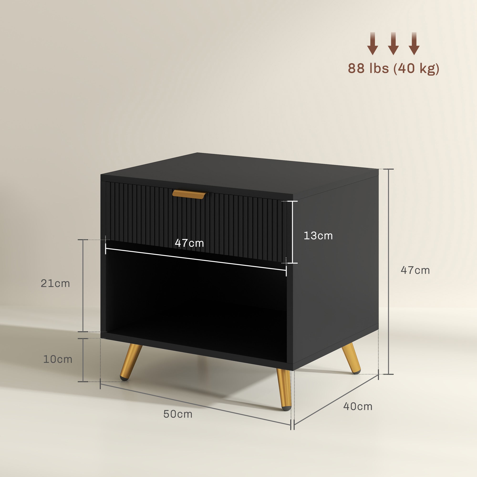 Elegant Bedside Table, with Drawer and Shelf - Black/Gold Tone