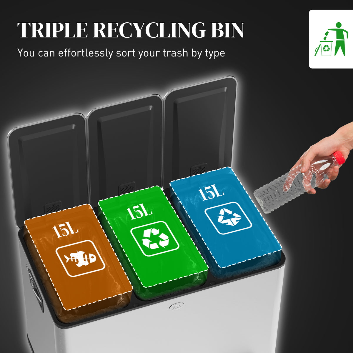 3 x 15L Steel Triple Pedal Kitchen Bin with Soft Close Lid and Removable Buckets - Silver Tone
