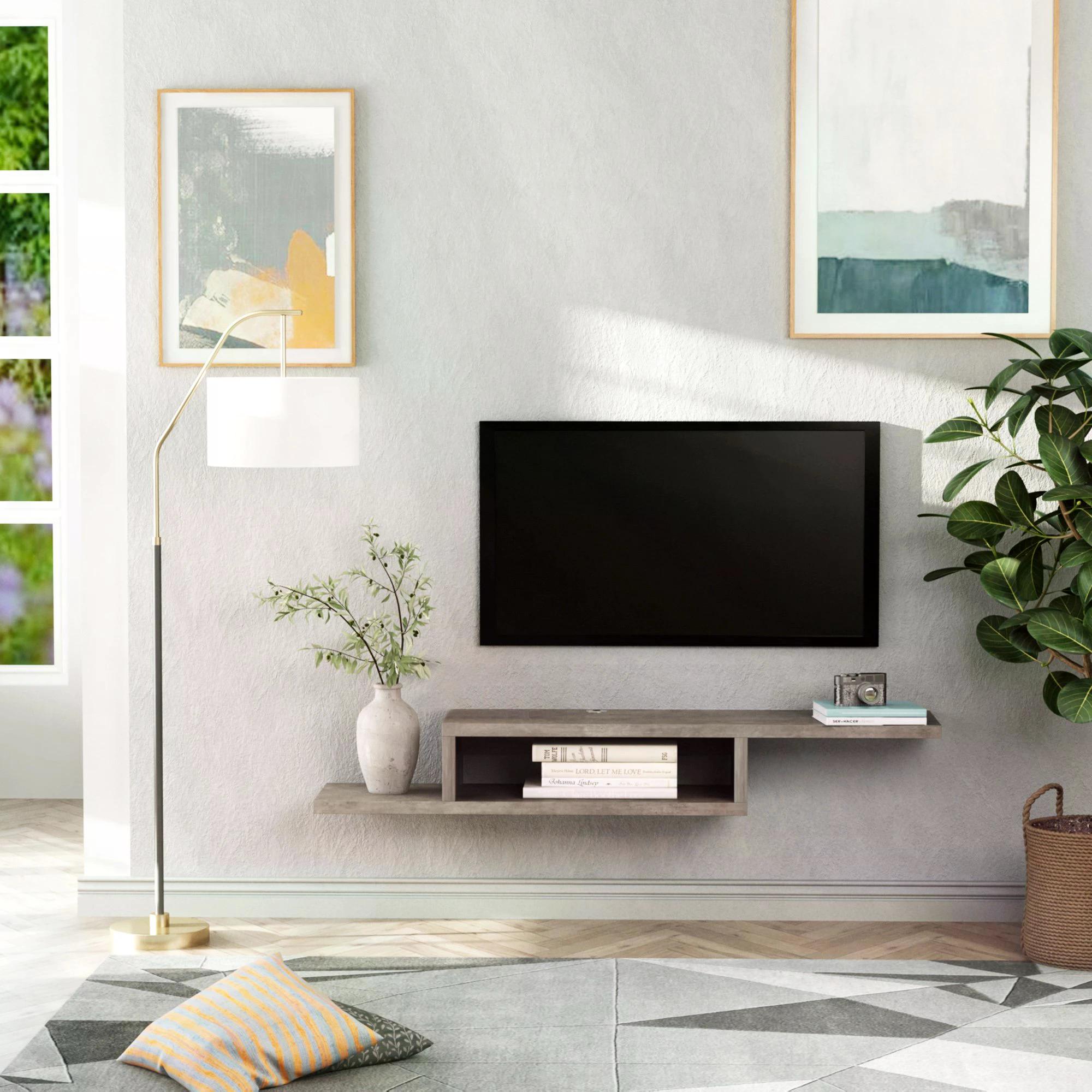Floating TV Unit, Wall Mounted TV Stand with Open Shelf and 2 Cable Holes, Entertainment Unit for Living Room, Grey