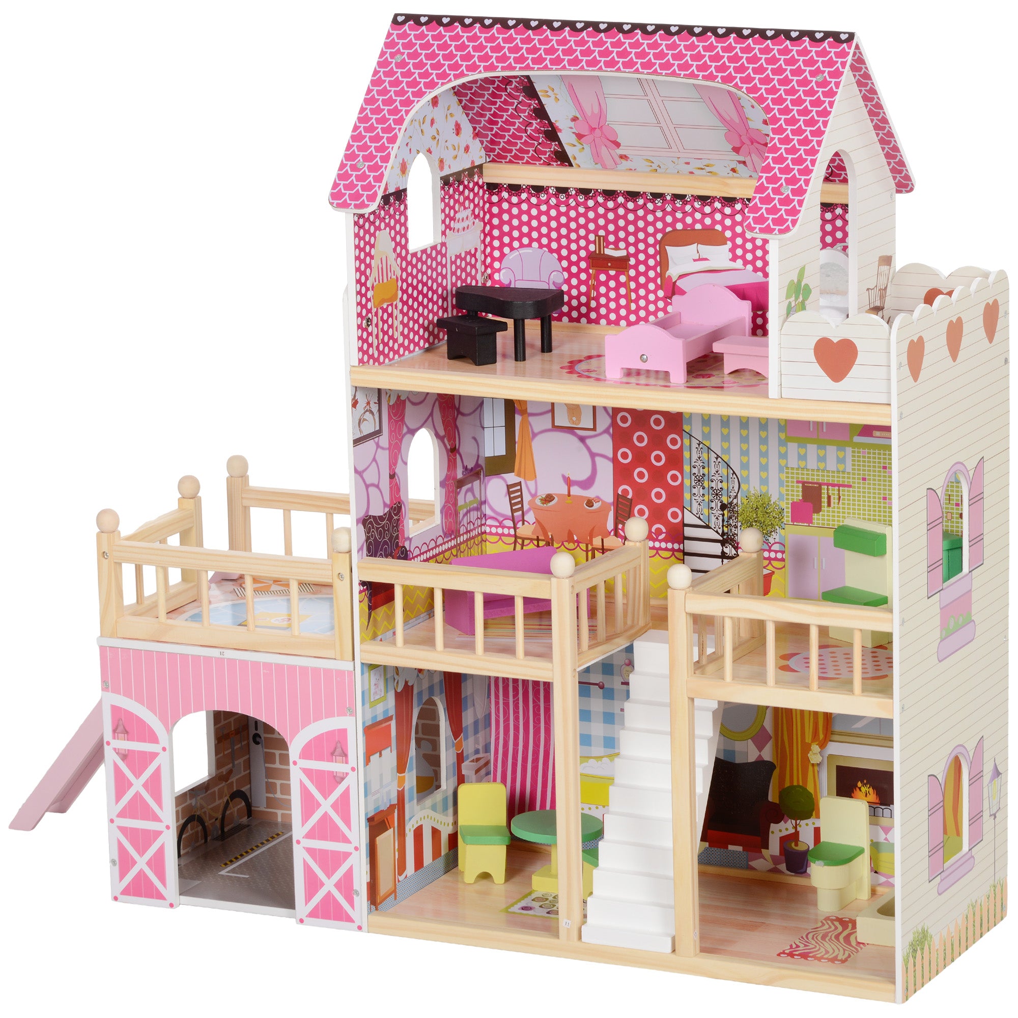3 Storey Dolls House Play Set with 13 Pieces Wooden Furniture and Accessories for 3-6 Years