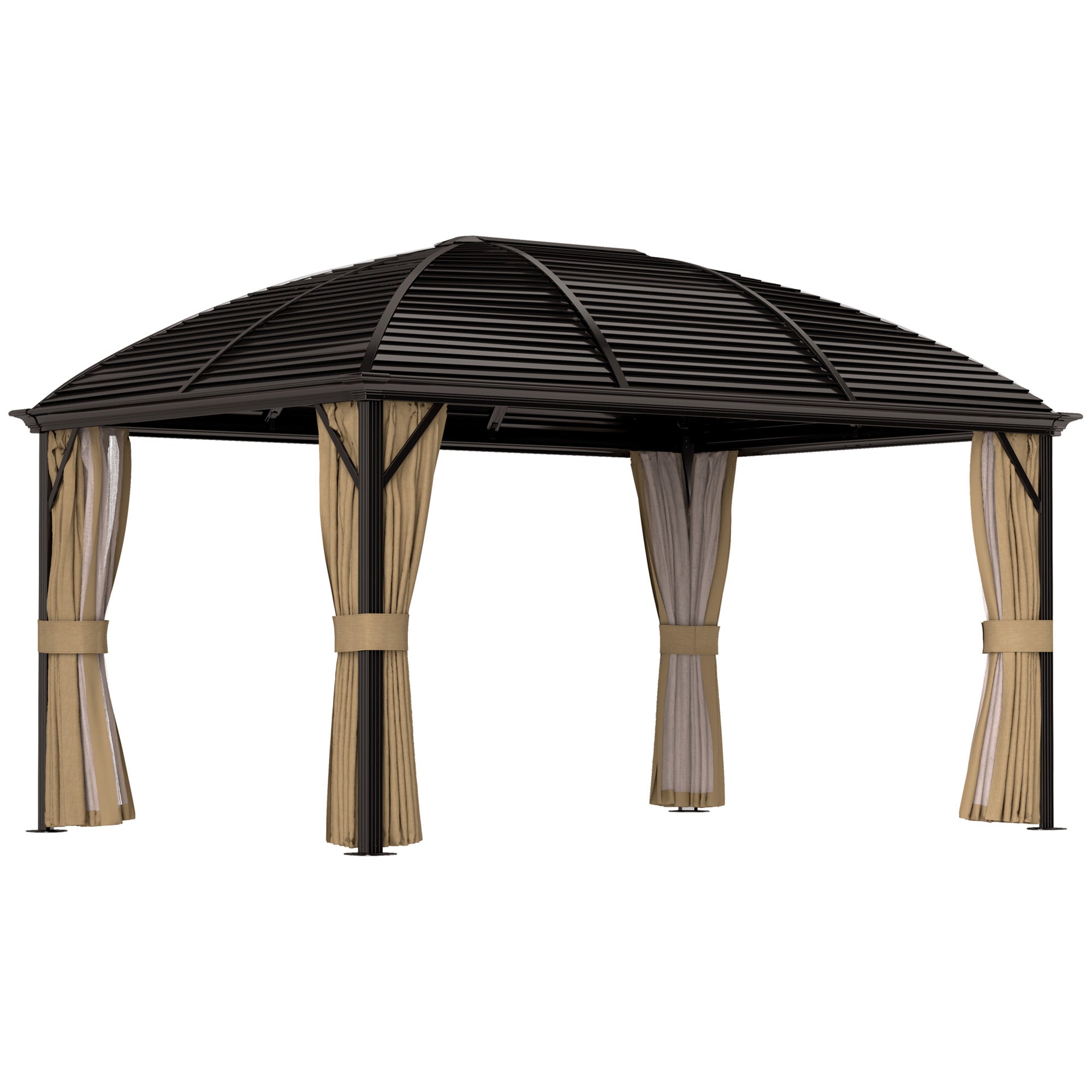 3 x 4m Aluminium Hardtop Gazebo with Netting and Curtains - Brown