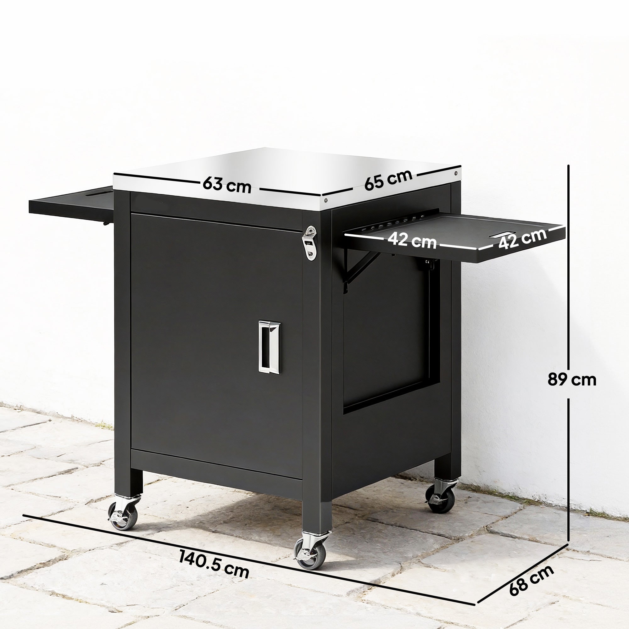 Outdoor Grill Cart with Stainless Steel Tabletop, BBQ Table with a Cabinet, Towel Holder, Bottle Opener, Black
