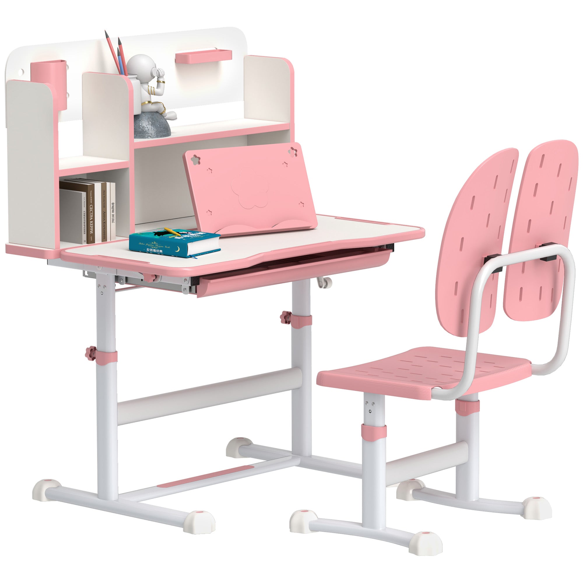 Height Adjustable Kids Desk and Chair Set, Children School Study Desk with Tiltable Desktop, Reading Rack, Pink