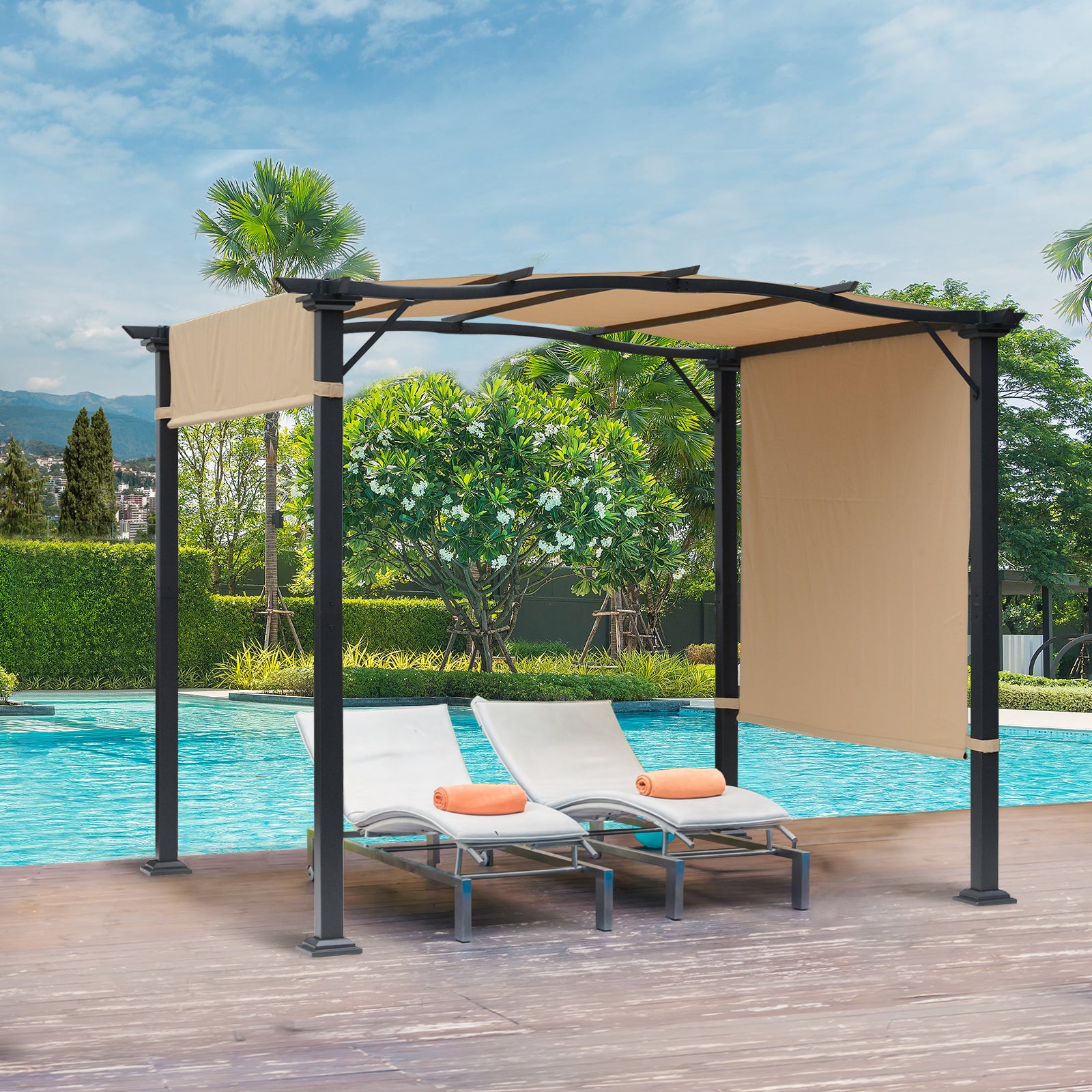 Outdoor Retractable Pergola Garden Gazebo with Two Adjustable Side Canopy Overhead Sun Shade Backyard Canopy Cover, Steel Khaki 2.96x2.45x2.3m