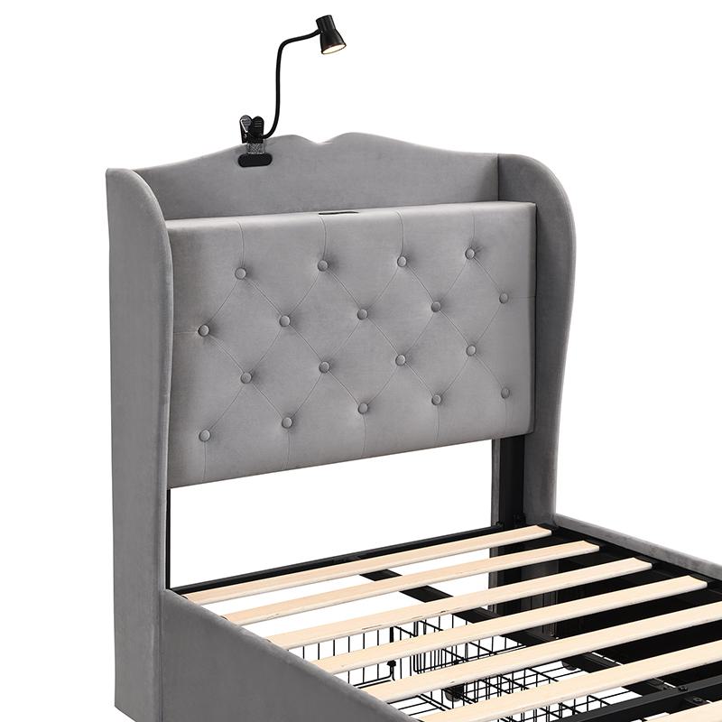 3FT Single Velvet Upholstered Storage Bed with 4 Drawers and USB Ports - Gray