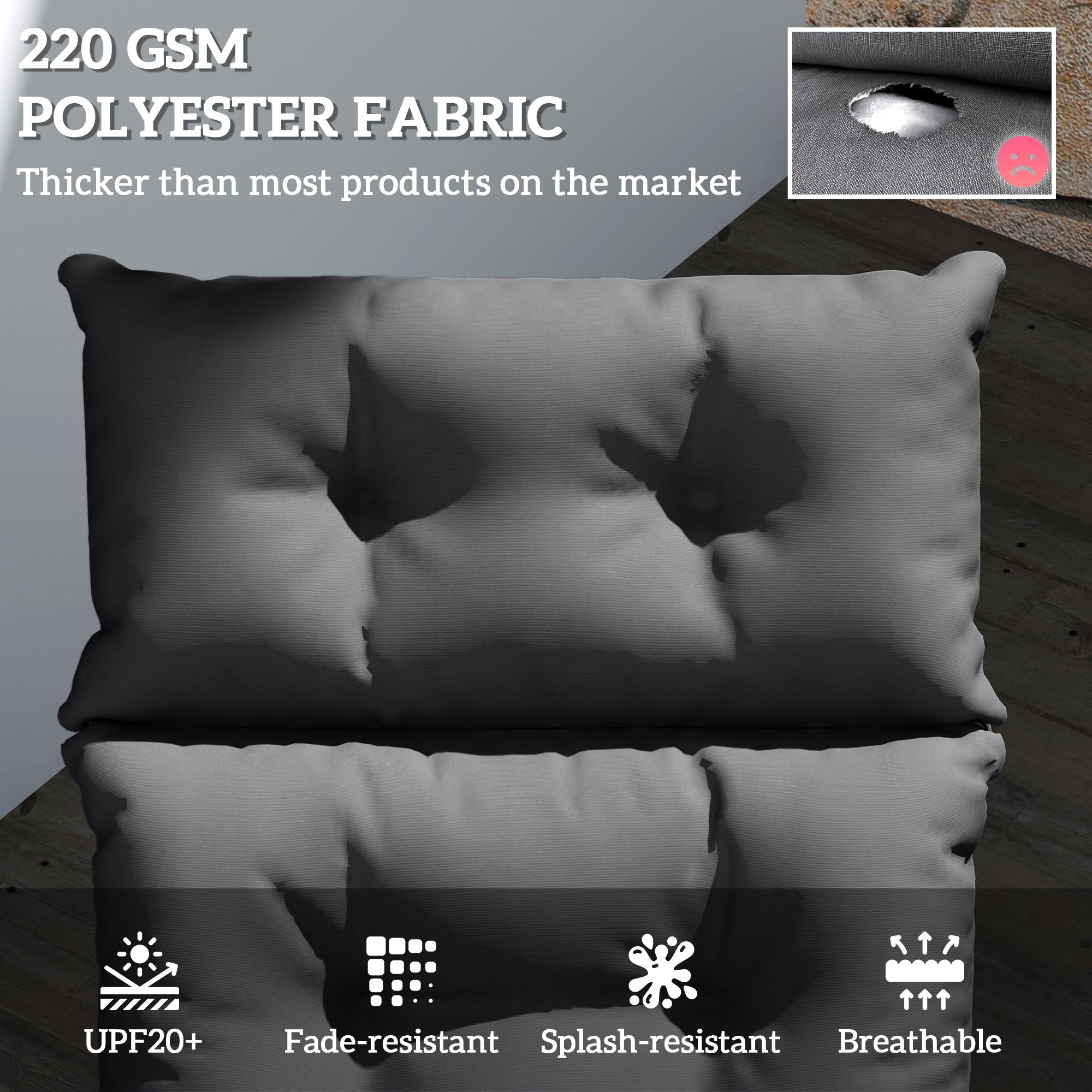 Sun Lounger Cushion 190x56x10cm with 6 Ties UPF20+ 220gsm Fabric - Dark Grey