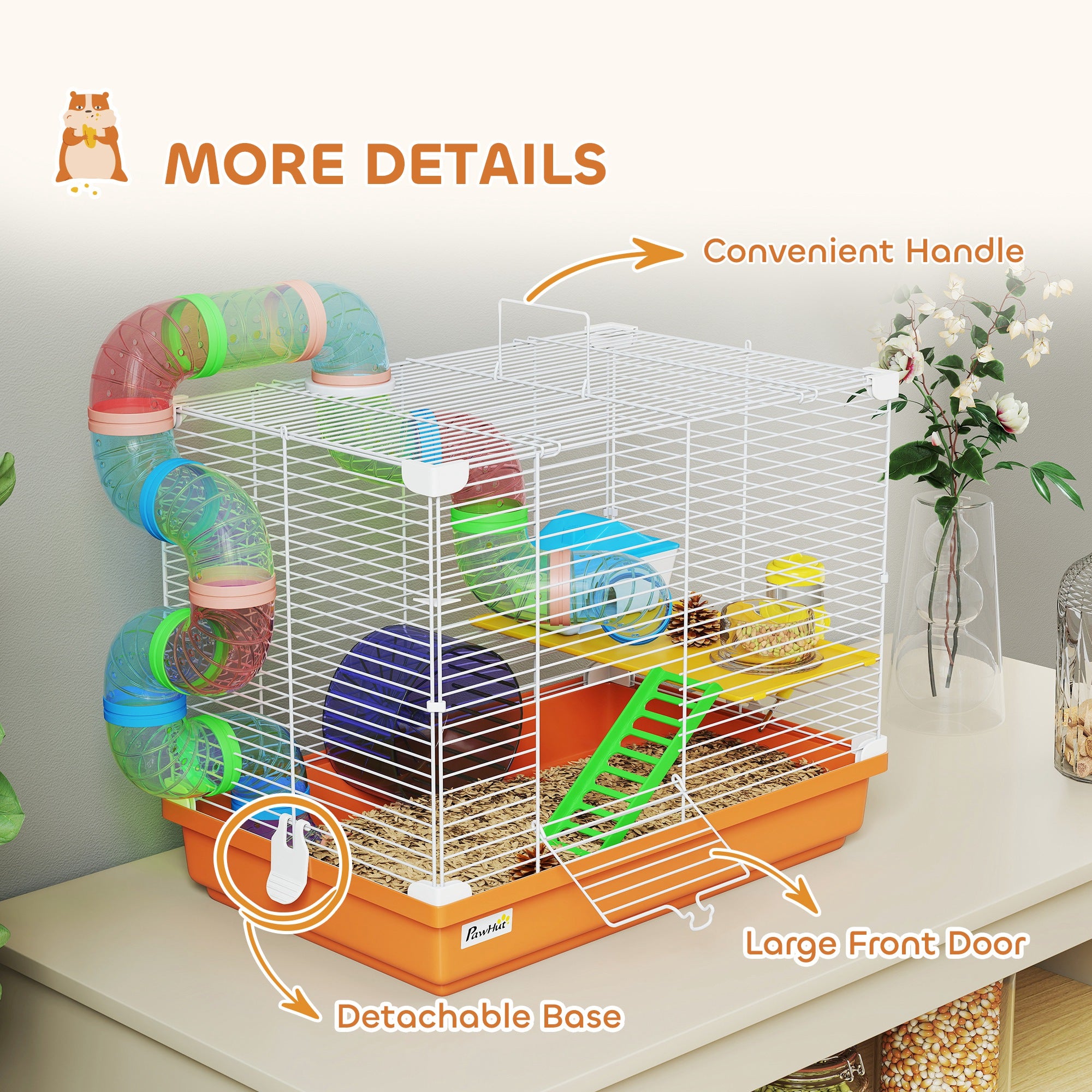 2 Tier Hamster Cage, Gerbil Cage with Handle, Exercise Wheels, Tunnel, Water Bottle, Dishes, Ladder, for Dwarf