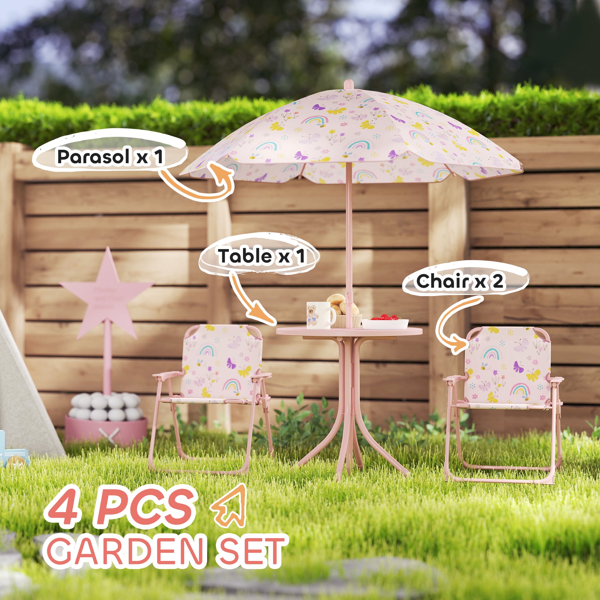 4 Pieces Kids Garden Table and Chair Set with Adjustable Parasol, Folding Chairs, Table, Rainbow Pattern, Pink