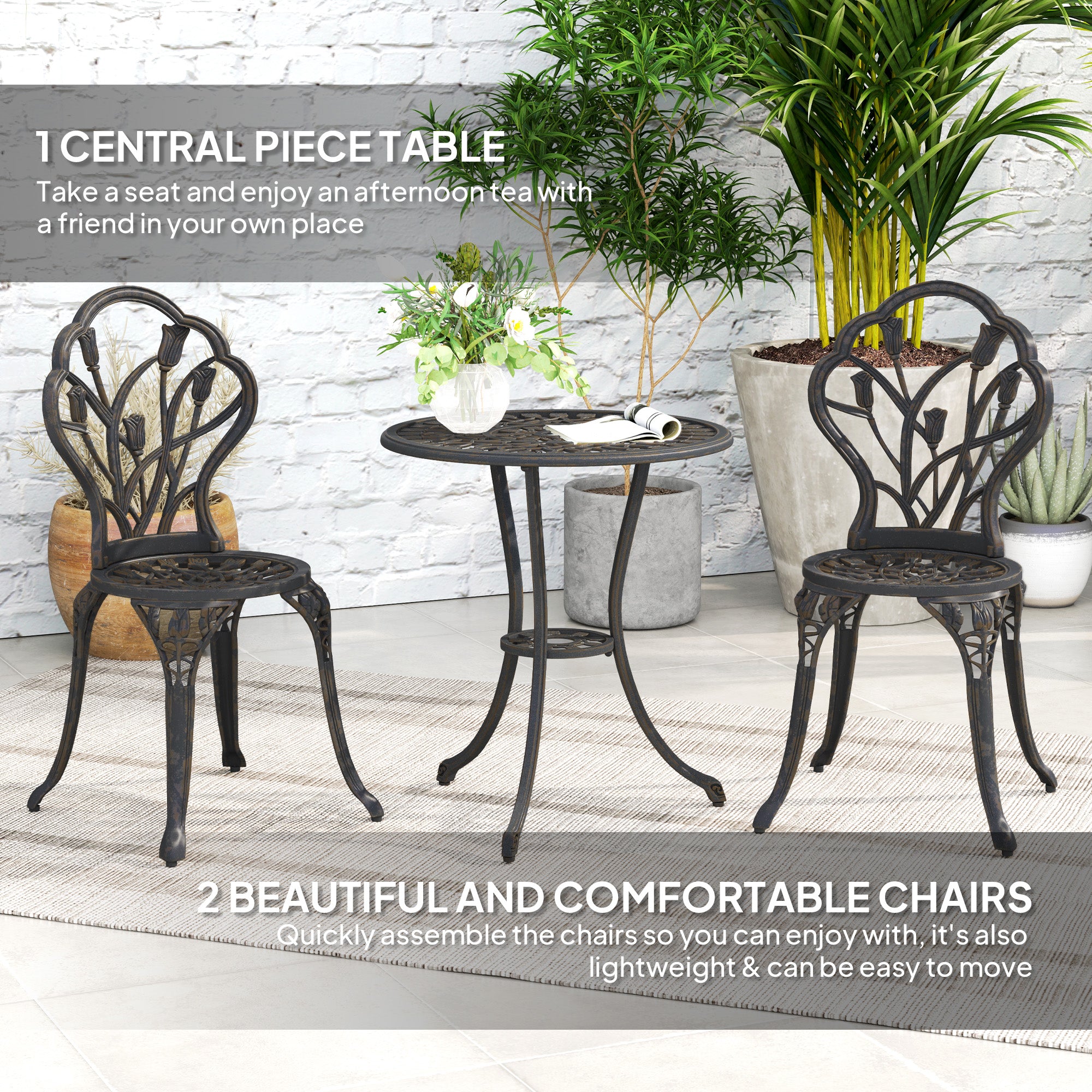 3 Piece Aluminium Patio Bistro Set with Umbrella Hole - Bronze Tone