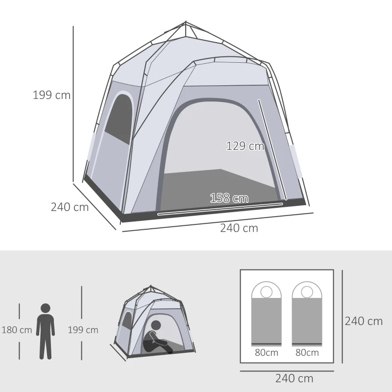 4 Person Automatic Pop Up Camping Tent with Welded Floor - Light Grey