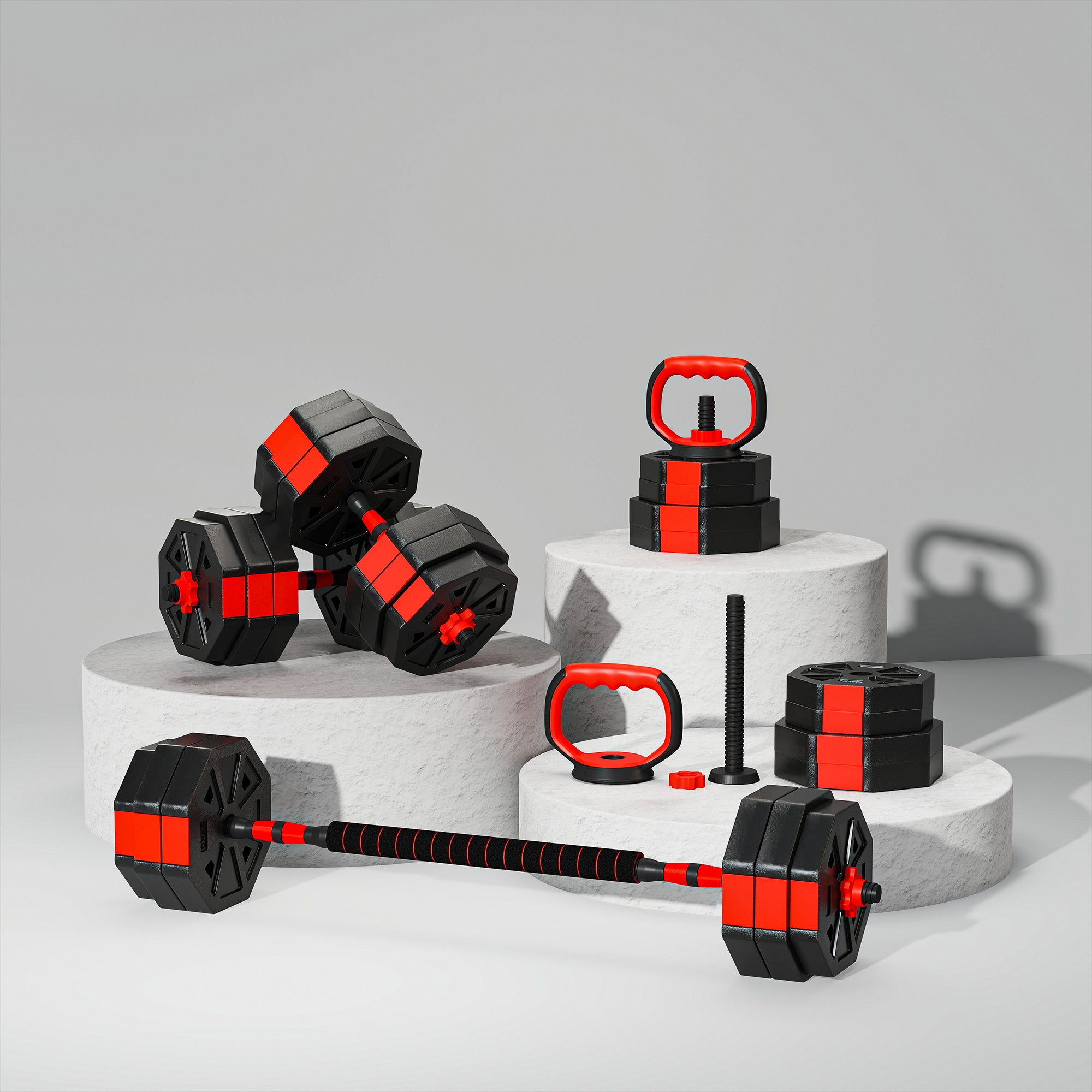 6-in-1 Adjustable Weight Dumbbells Set, Used as Kettlebell, Barbell, Dumbbell, Push-Up Stand, 30kg Free Weights Set for Men and Women Home Gym Training, Red