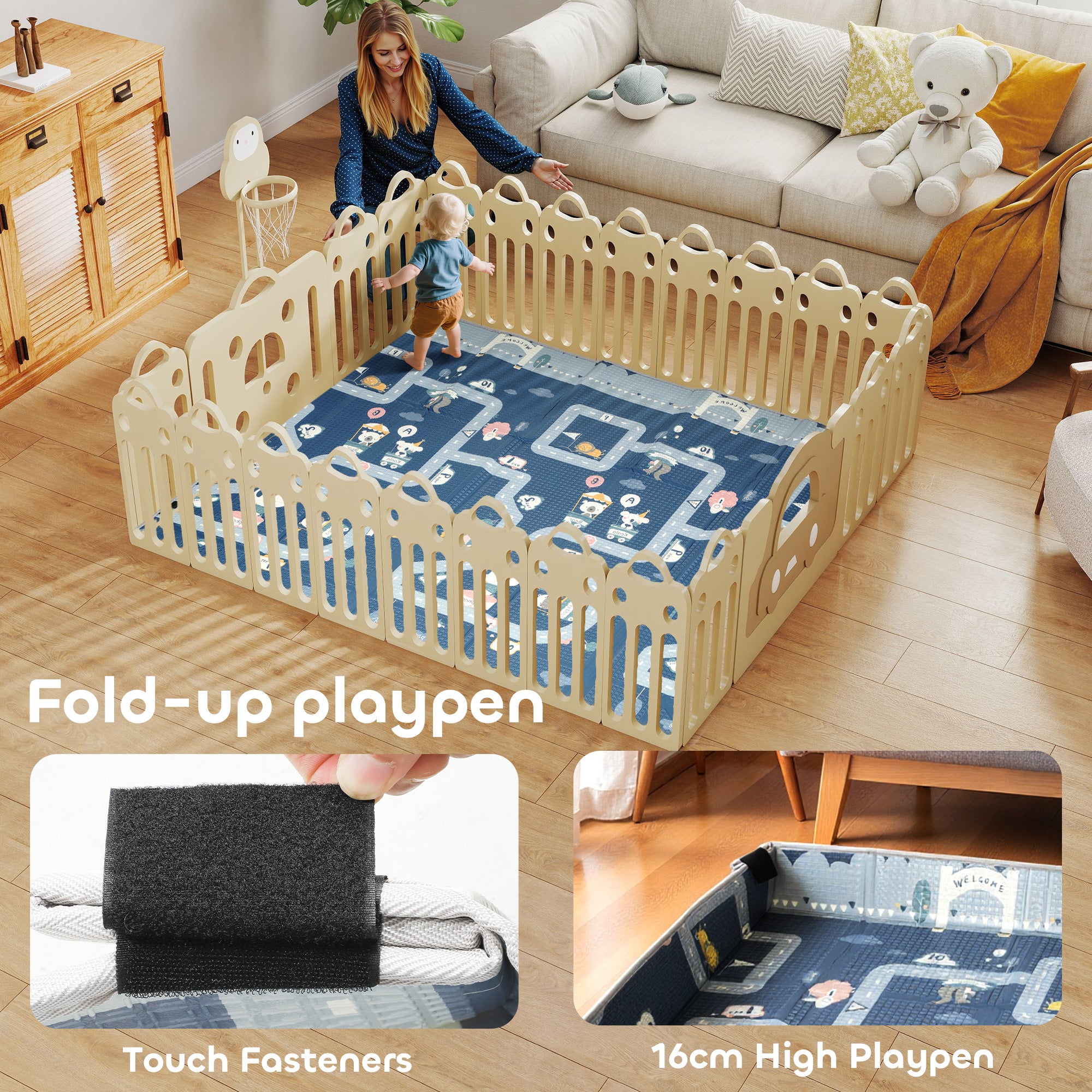 Foldable Baby Play Mat, Baby Playpen, Reversible Foam Playmat, Floor Mats for Toddlers, Traffic and Grey Diamond Theme