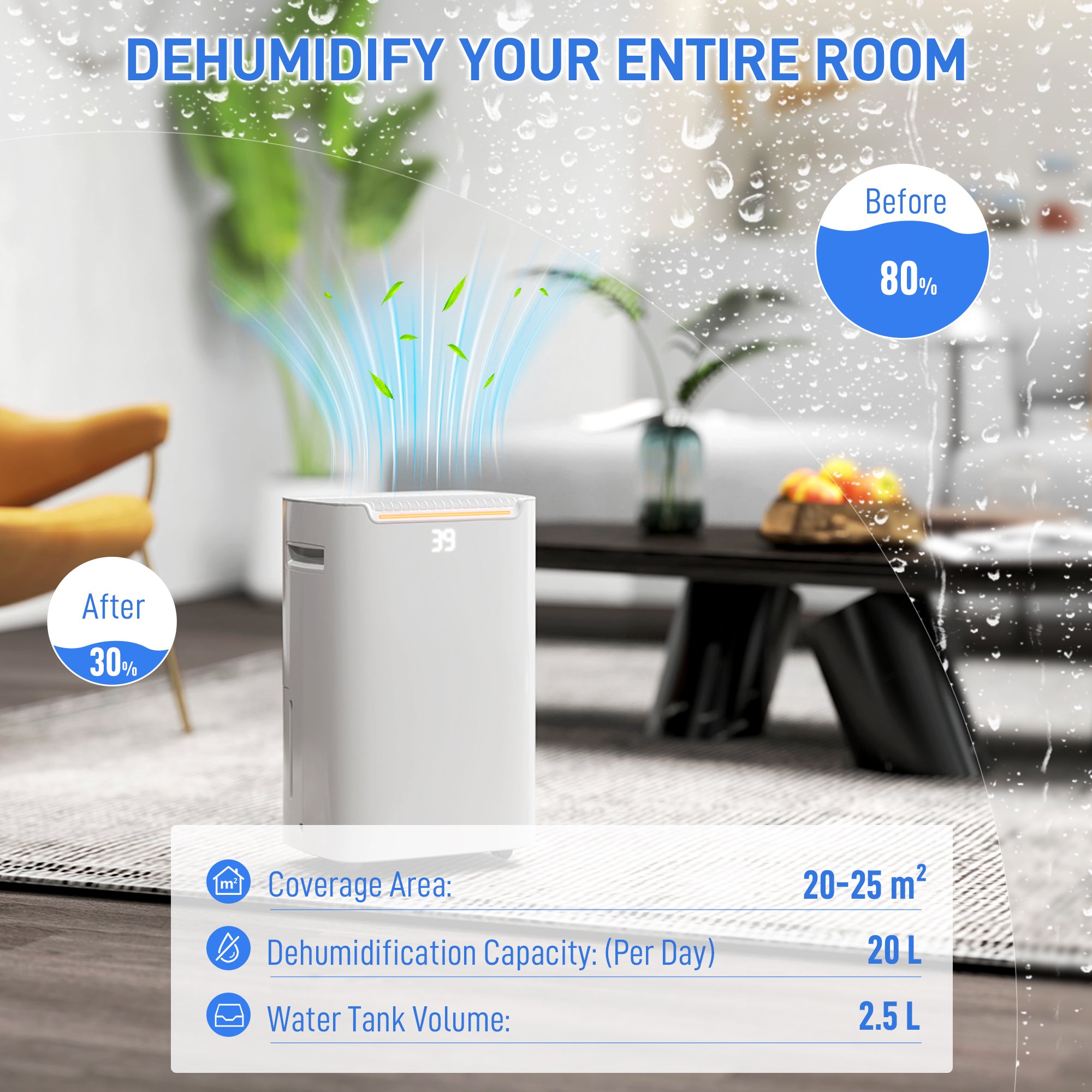 20L/Day Dehumidifier with Continuous Drainage, 2.5L Water Tank, 24H Timer On/off, Digital Humidity Display, Air Filter, Dehumidifier for Home Damp, Bedroom, Condensation, Mould, Laundry Drying