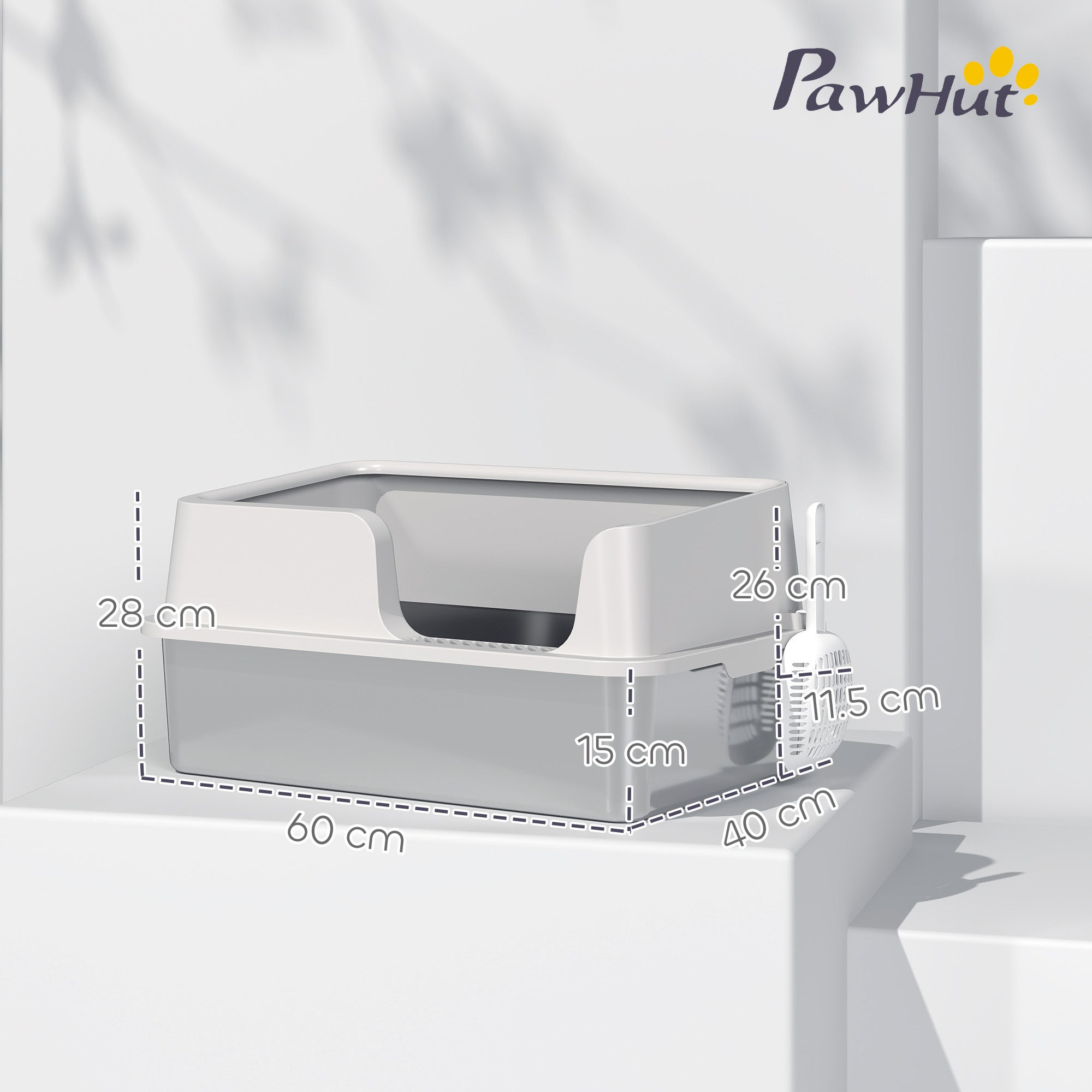 Stainless Steel Litter Box with Detachable Rim, Scoop, Easy Cleaning, Odour-Resistant, 60 x 40 x 28 cm