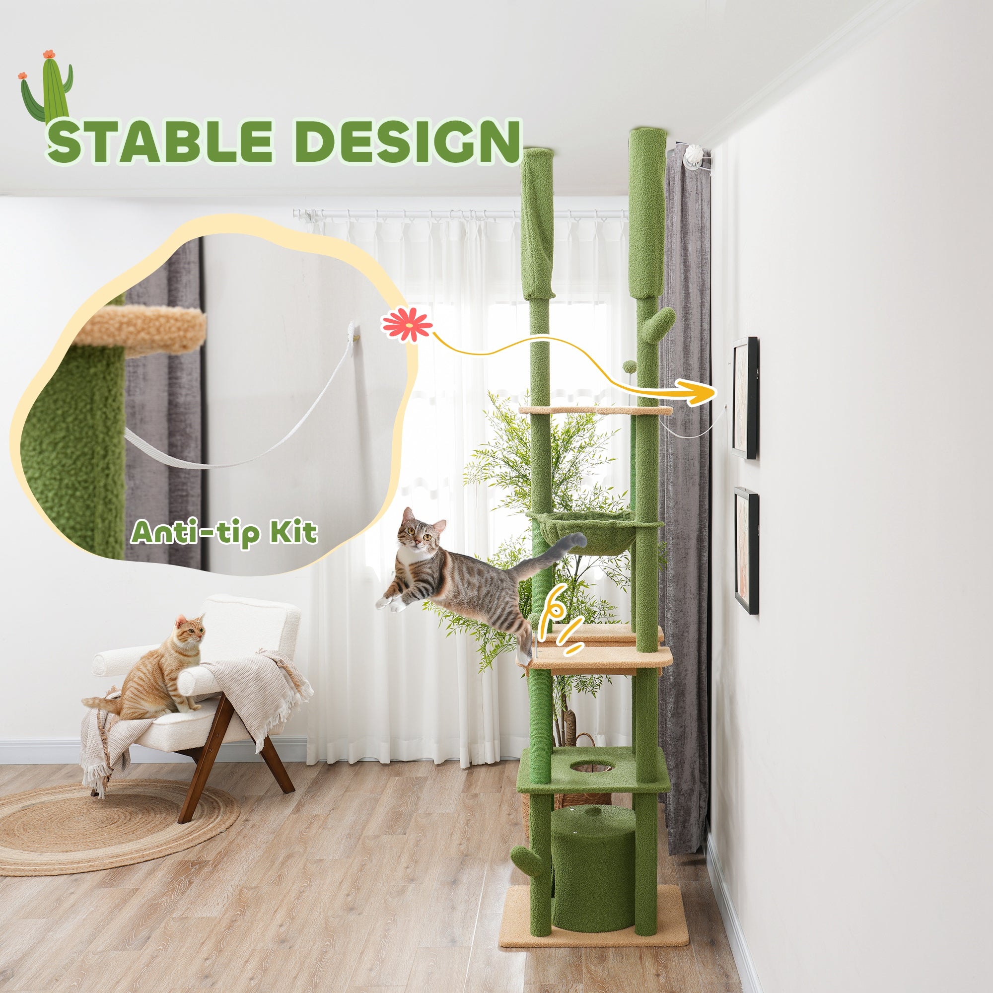 225-255cm Height Adjustable Floor to Ceiling Cat Tree, Tall Cat Tower for Indoor Cats w/ Scratching Posts - Green