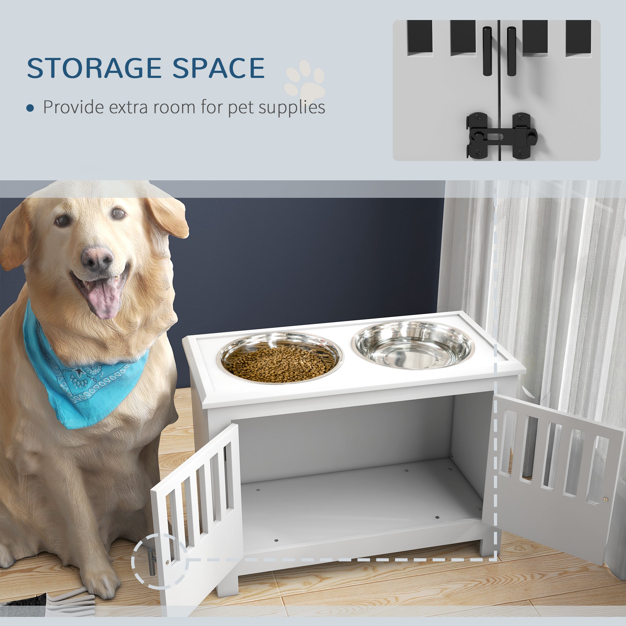 Raised Dog Bowls, Pet Feeding Station, with Storage, Food and Water Bowls, for Large Dogs - White