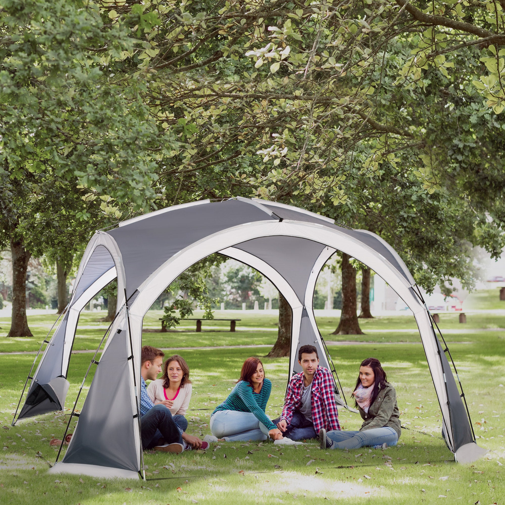 Dome Tent for 6-8 Person, Camping Tent with 4 Zipped Mesh Doors, Removable Oxford Cloth, Lamp Hook, Portable Carry Bag, White and Grey