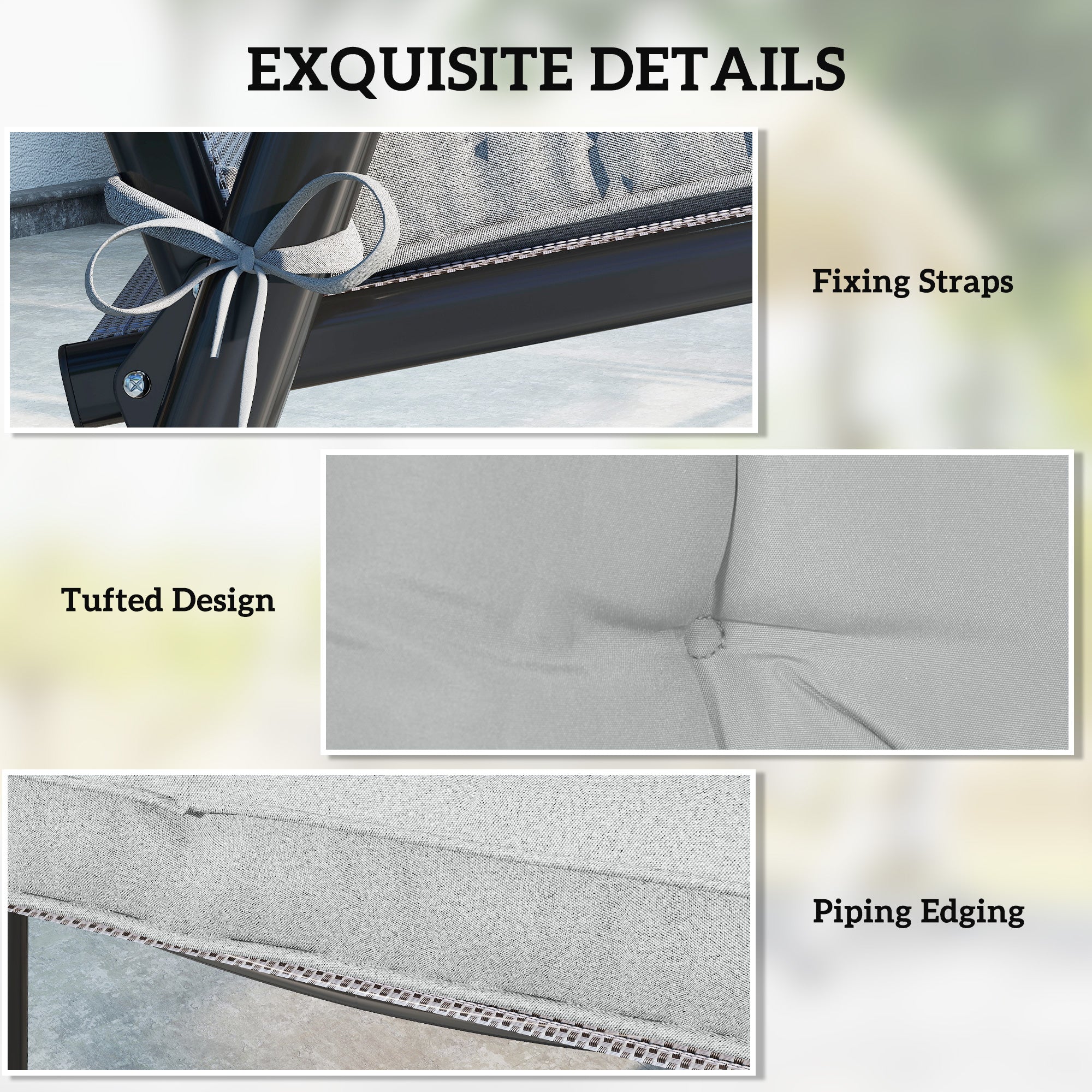 Set of 4 Garden Seat Cushion with Ties, 42 x 42cm Replacement Dining Chair Seat Pad, Light Grey