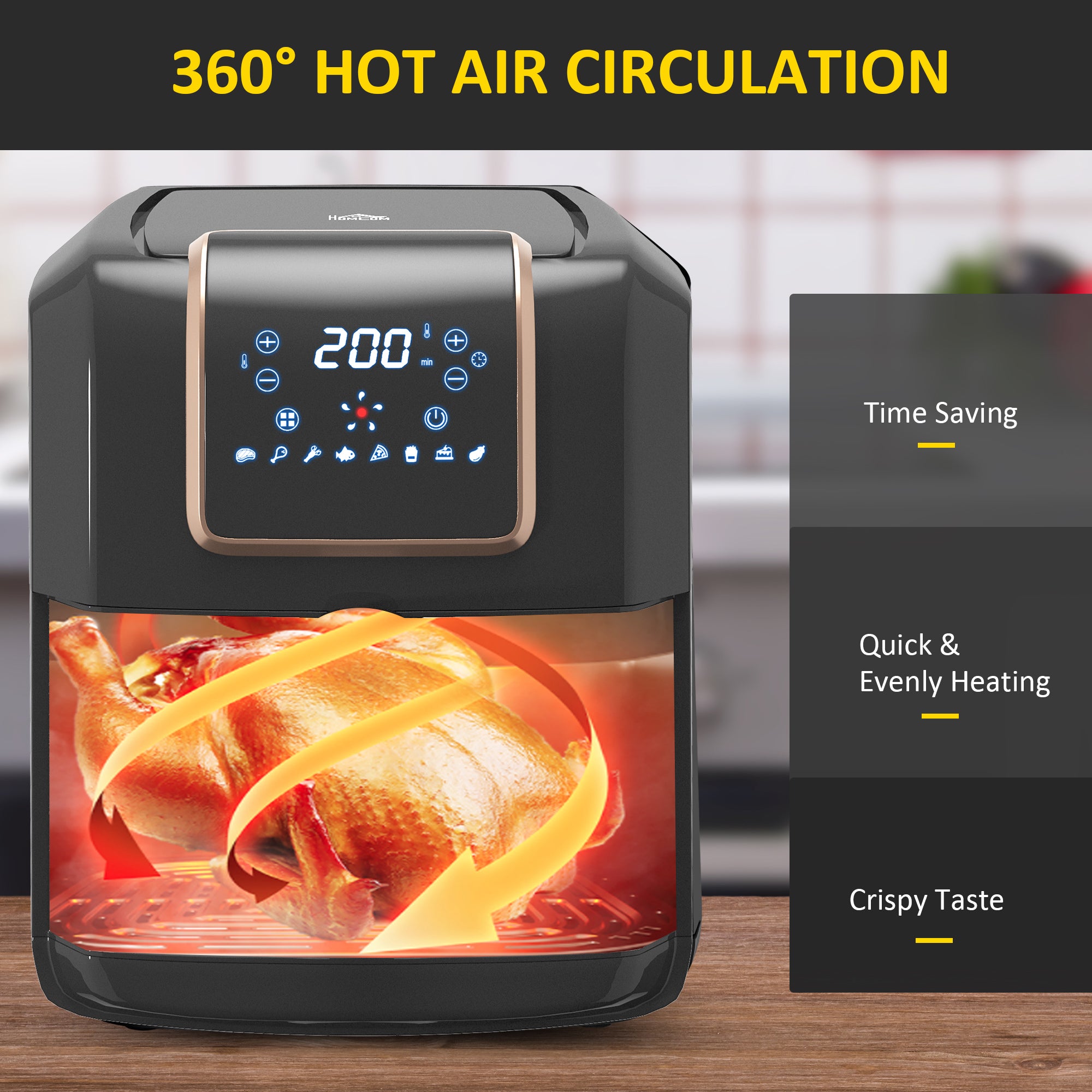 6.5L Single Basket Air Fryer, 80-200°C Temperature, Black and Gold Tone