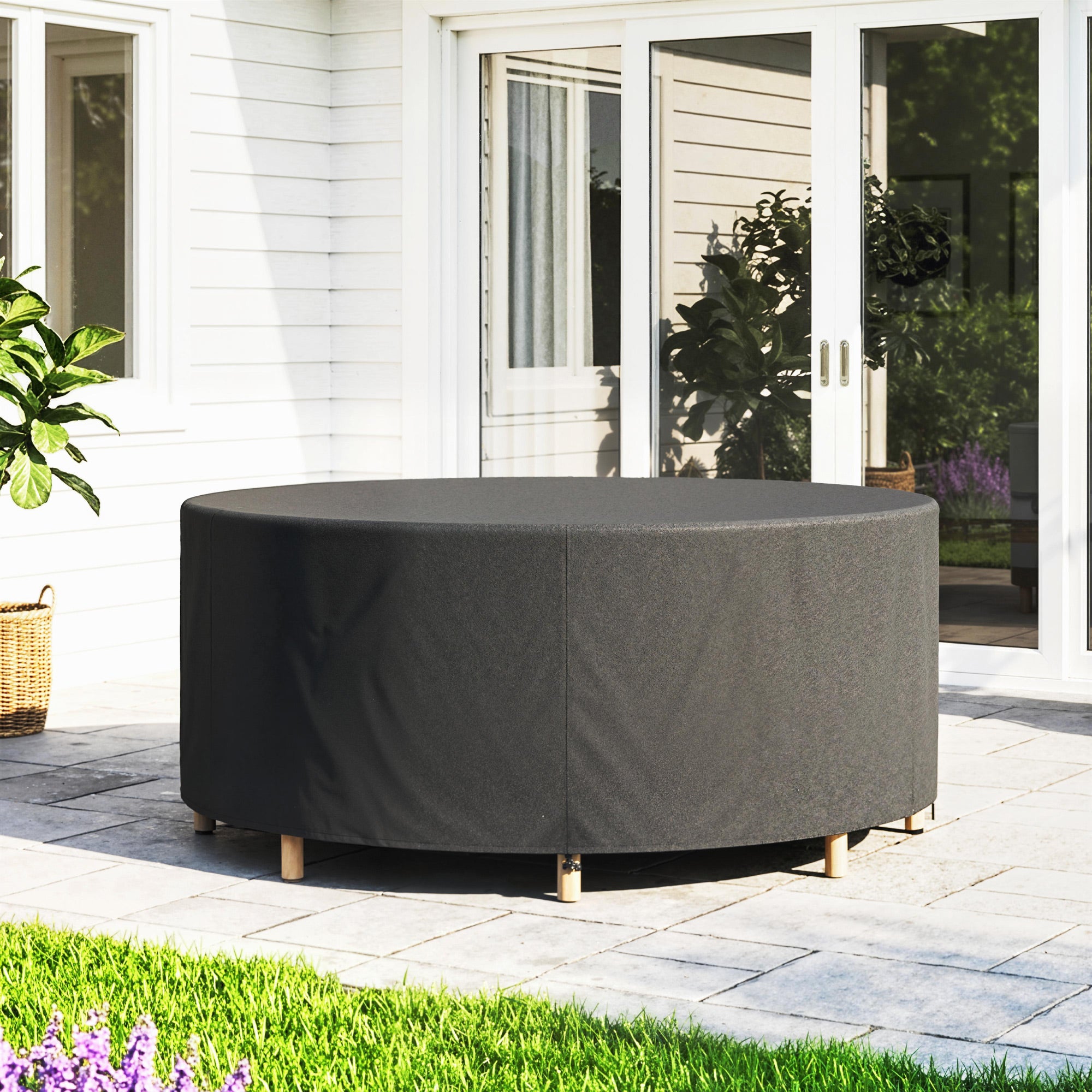 Round Garden Furniture Cover, Waterproof Garden Table Cover, 420D Heavy Duty Oxford for Outdoor, Dia.214 x 70 cm, Black