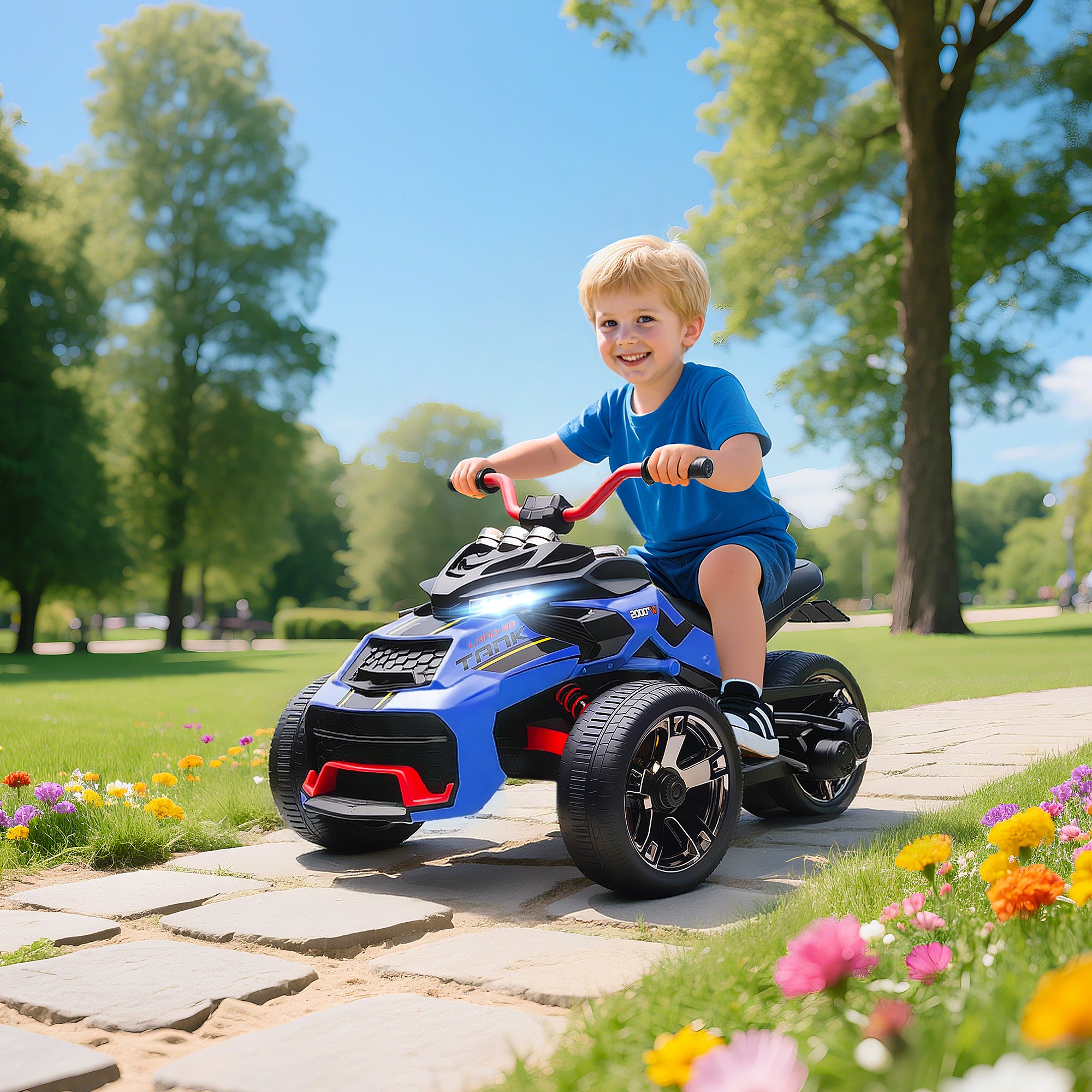 12V Kids Electric Ride On Car with 3 Wheeler, MP3 Player, Horn, 2 Speeds, LED Lights for Boys & Girls Ages 3-8, Blue