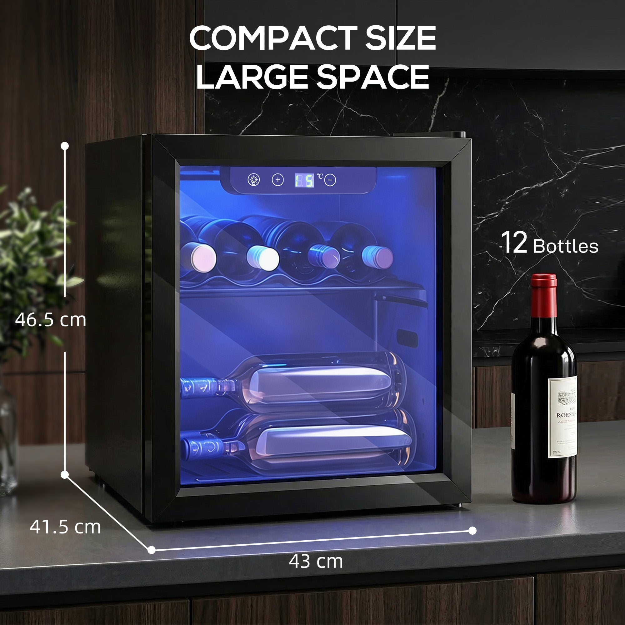 12 Bottle Wine Cooler, 36 Litre Capacity, 4-16°C Under Counter Drinks Beer Wine Fridge with Glass Door, LED Light, Black