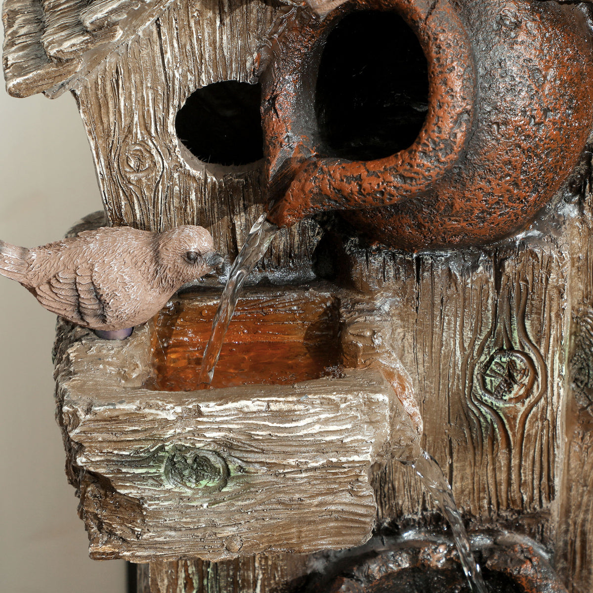2-in-1 Resin Waterfall Fountain with Birdhouse and LED Lights, Tree Trunk Design - Multi-colour