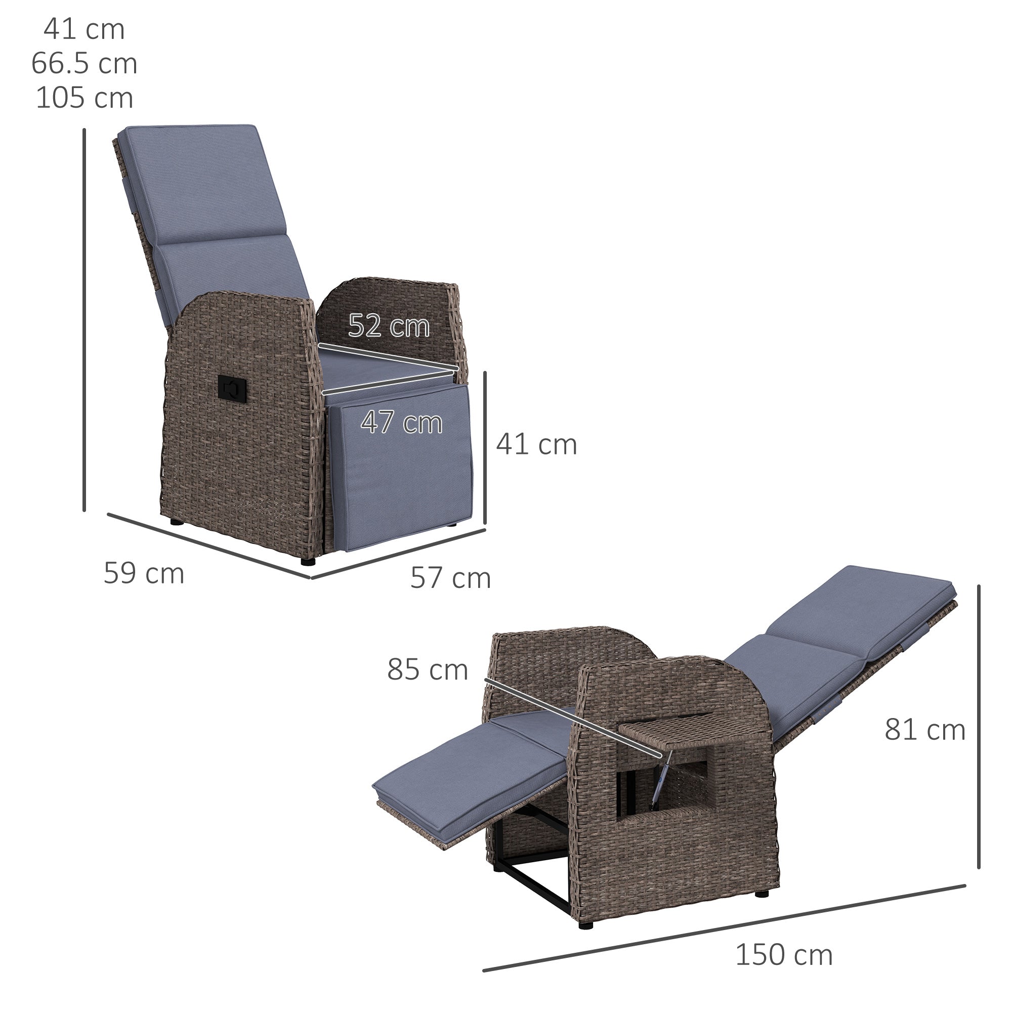 148° Reclining Rattan Garden Armchair, with Footrest - Brown/Grey