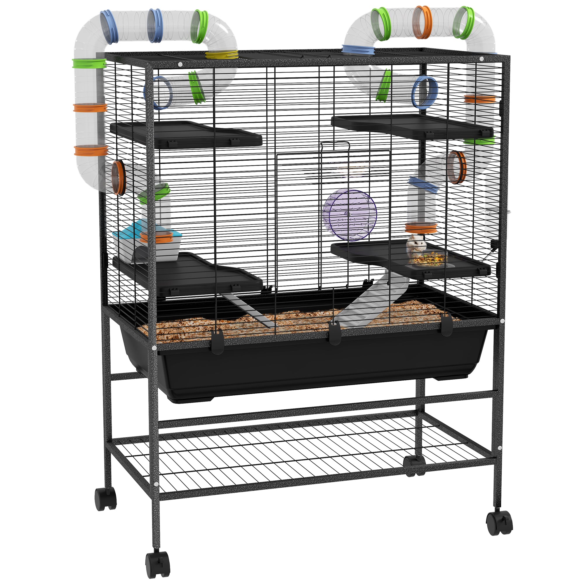 Large Hamster Cage, Gerbil Cage with Tubes, Storage Shelf, Ramps, Platforms, Running Wheel - Black