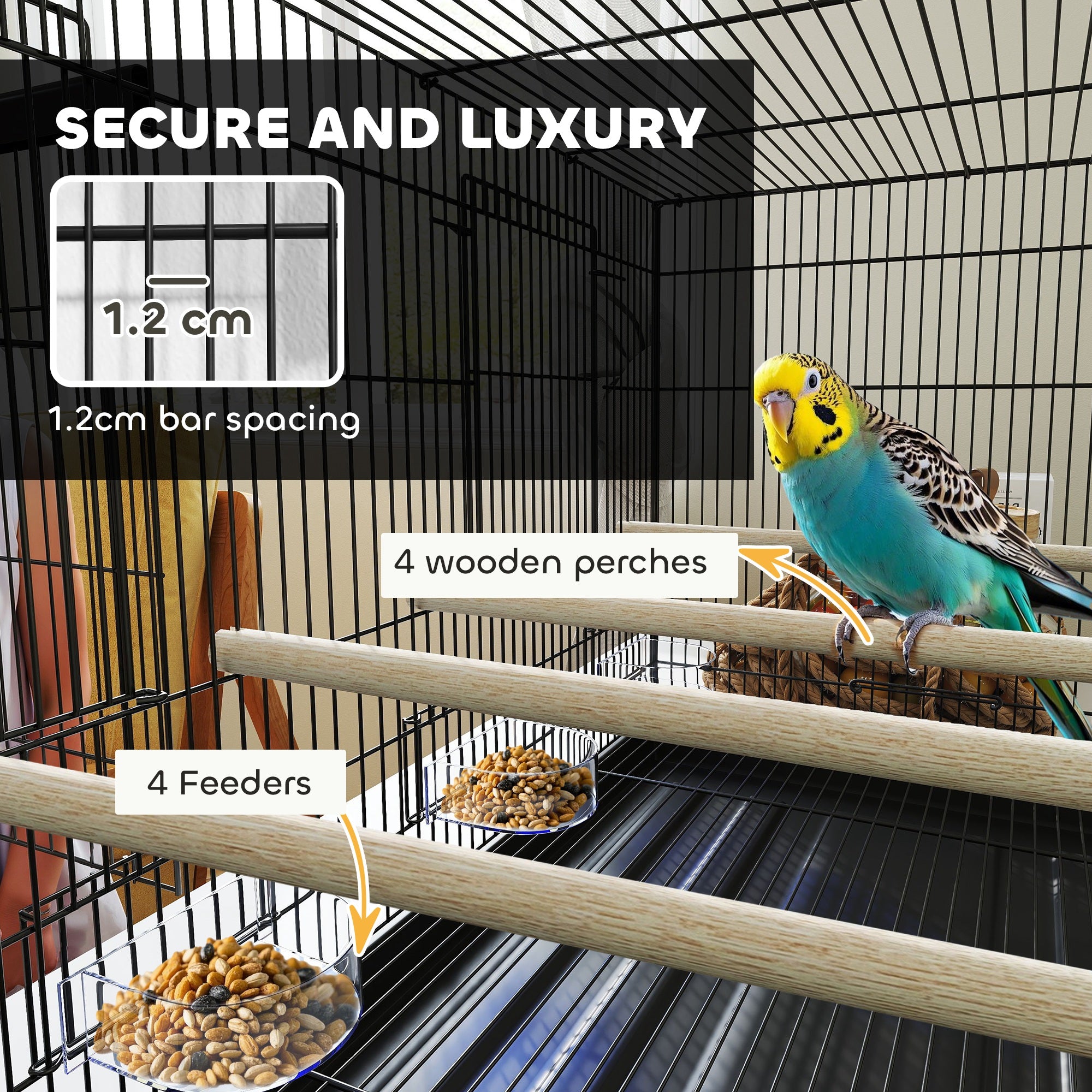 Bird Cage with Divider, 4 Perches & Feeders, Slide-Out Tray, 76x46x46cm for Budgie, Lovebird, Canary - Black