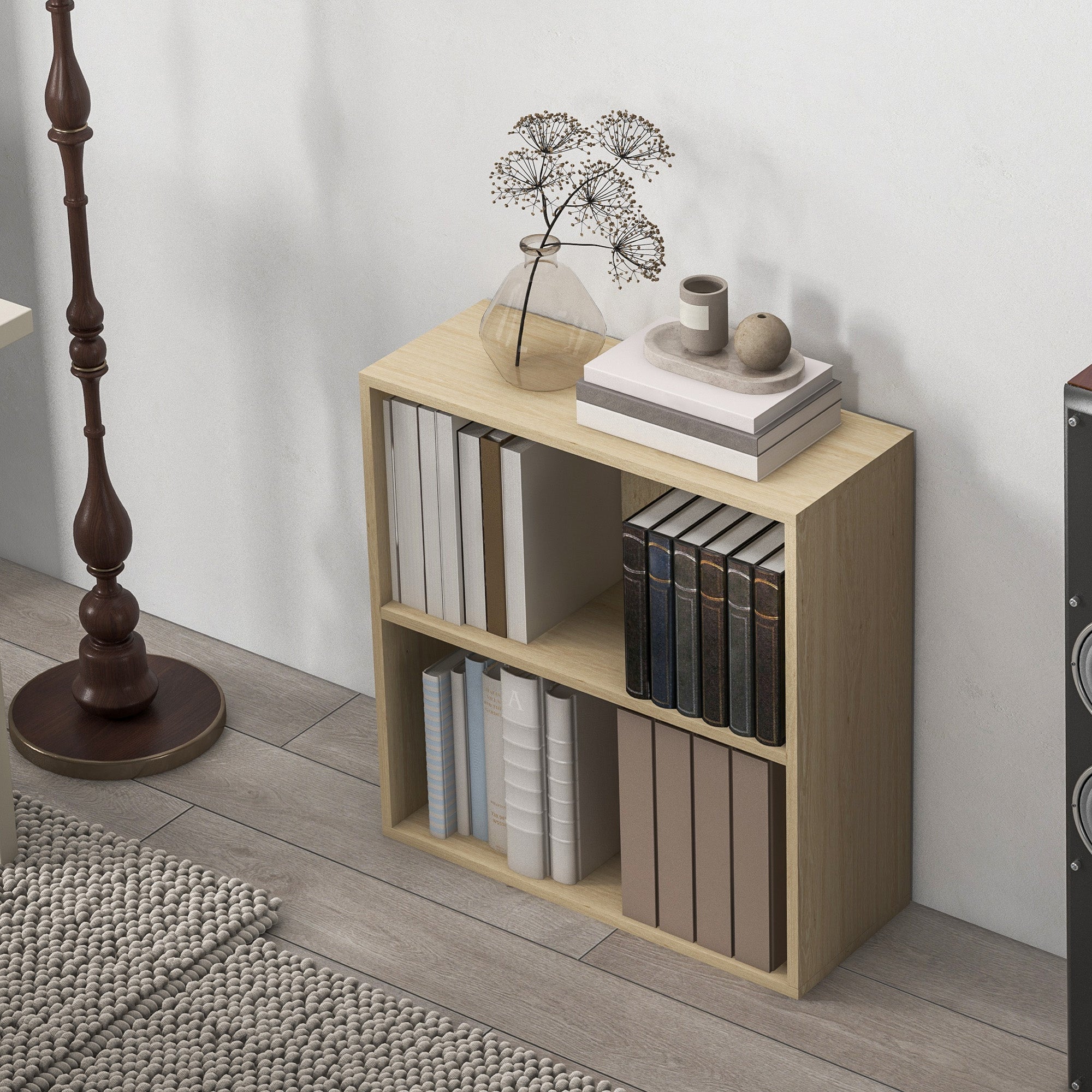 2 Tier Adjustable Bookshelf with 2 Compartments for Home Office, Living Room - Natural