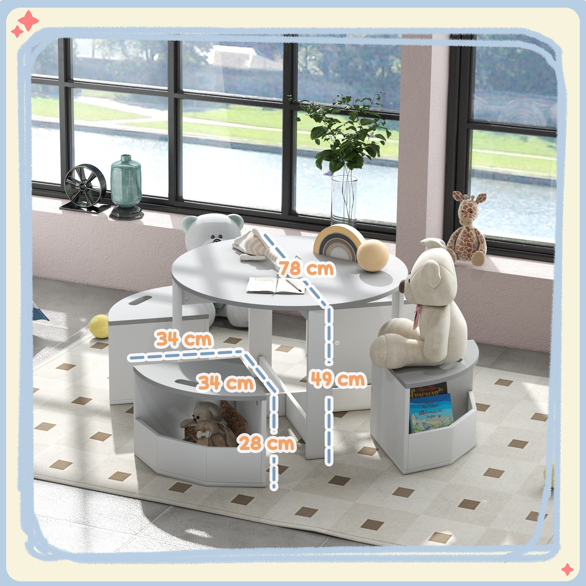 5 Piece Kids Table and Chairs Set with Storage - Grey