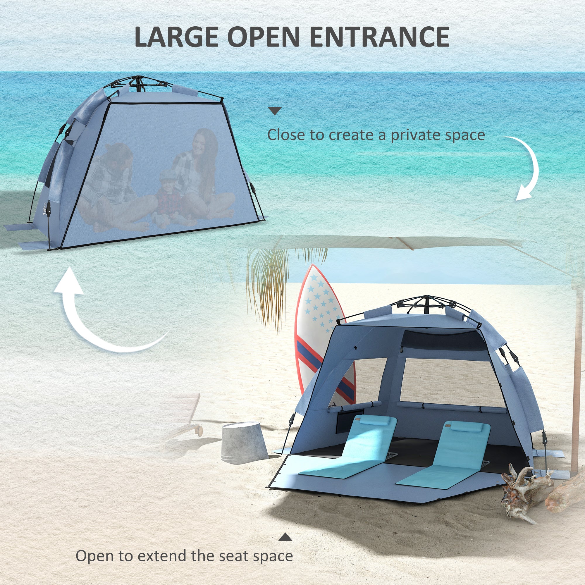 2-3 Person Pop Up Beach Tent, UPF15+ Sun Shelter with Extended Floor, Sandbags, Mesh Windows and Carry Bag, Light Blue