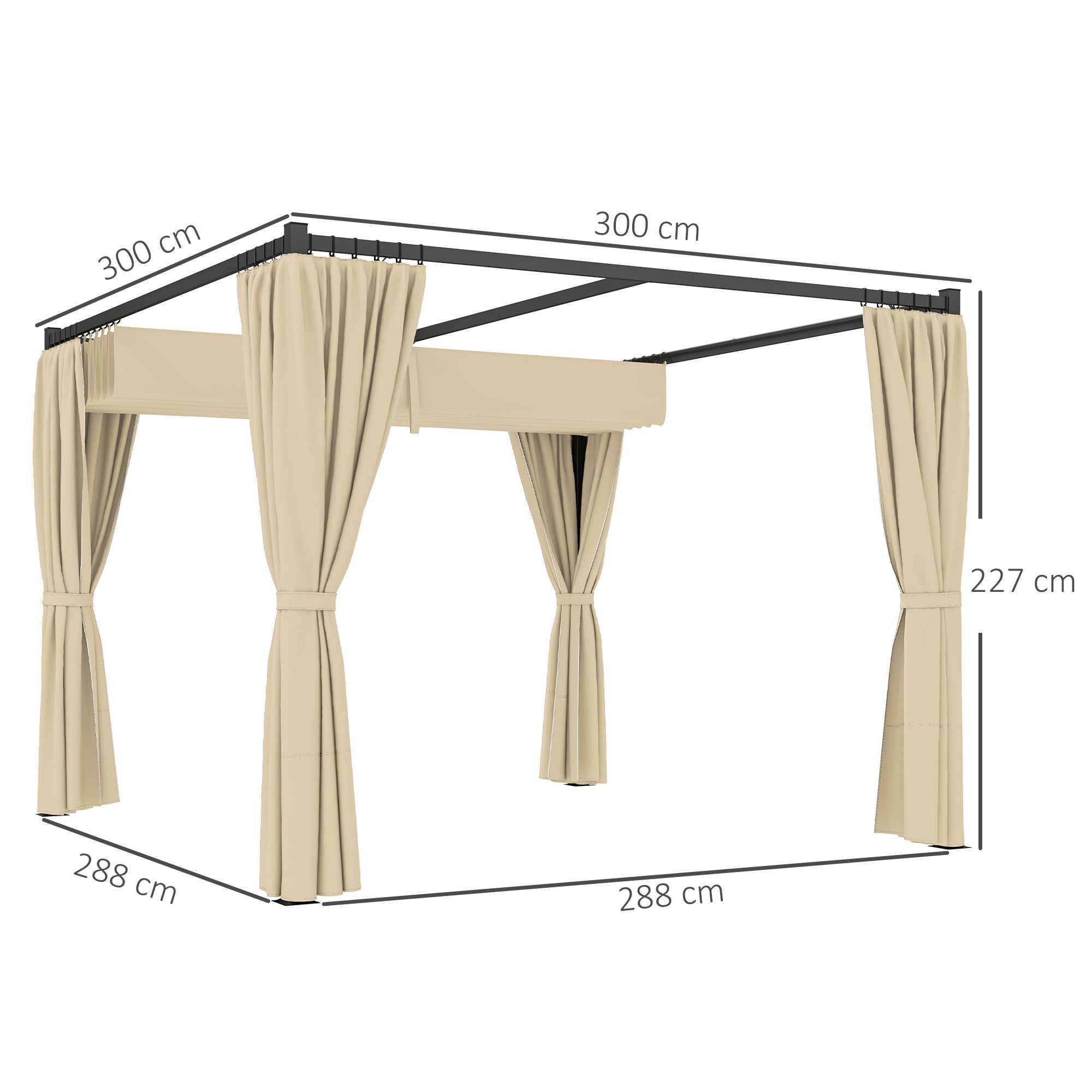 3 x 3m Retractable Roof Pergola with Curtains and Metal Frame - Khaki