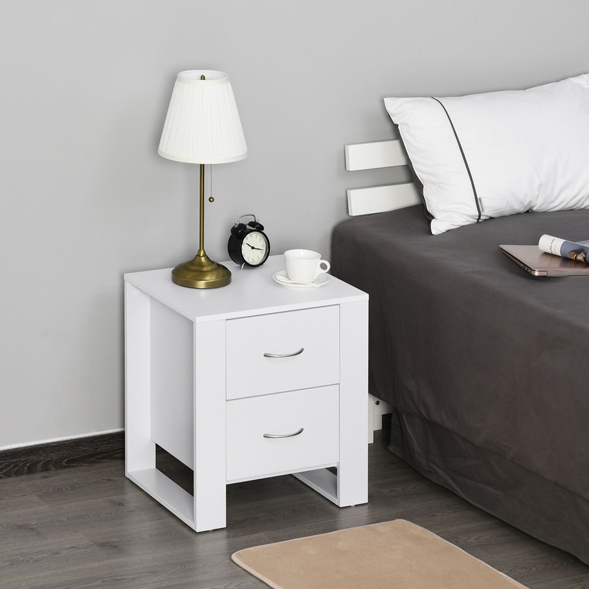 Bedside Table Set of 2 with 2 Drawers, Nightstands with Handles and Elevated Base, Side Tables for Bedroom, Living Room, White